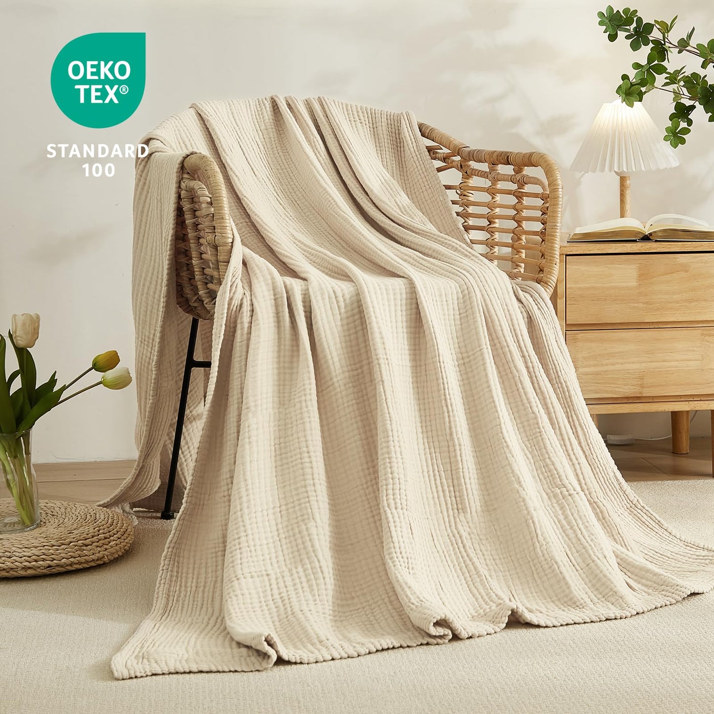EMME Cotton Bed Blanket Twin Size Soft Muslin Boho Bedding Lightweight Breathable Beige Twin Blanket All Season Gauze