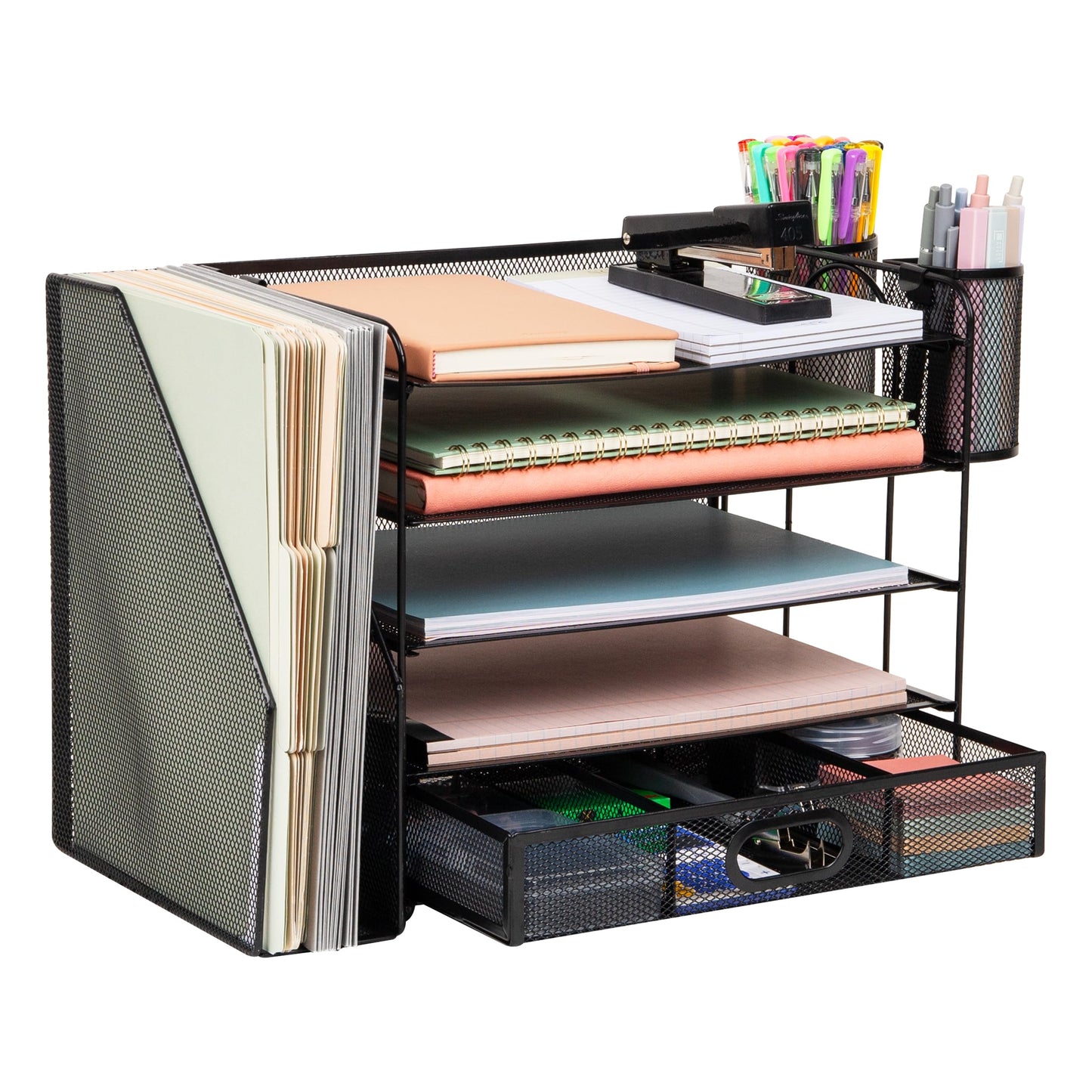Mind Reader Mesh Desk Organizer, 4 Trays, 1 Drawer, File Holder, 2 Pen Cups, Office Desktop Organizer, Metal Mesh, Black