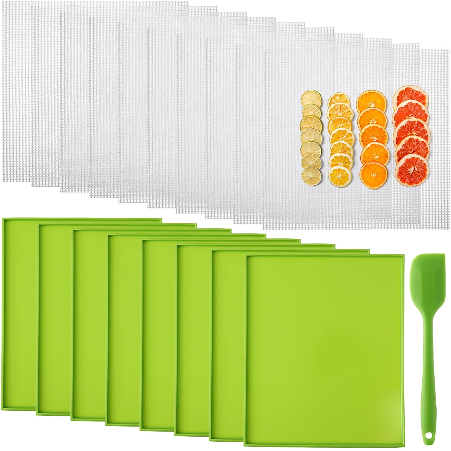 Thenshop 8 Silicone Dehydrator Mats & 10 Mesh Dryer Mats and 1 Baking Scraper, Reusable Non Stick Silicone Dehydrator Tray with Edge for Baking Fruits Meat Vegetables(Green)