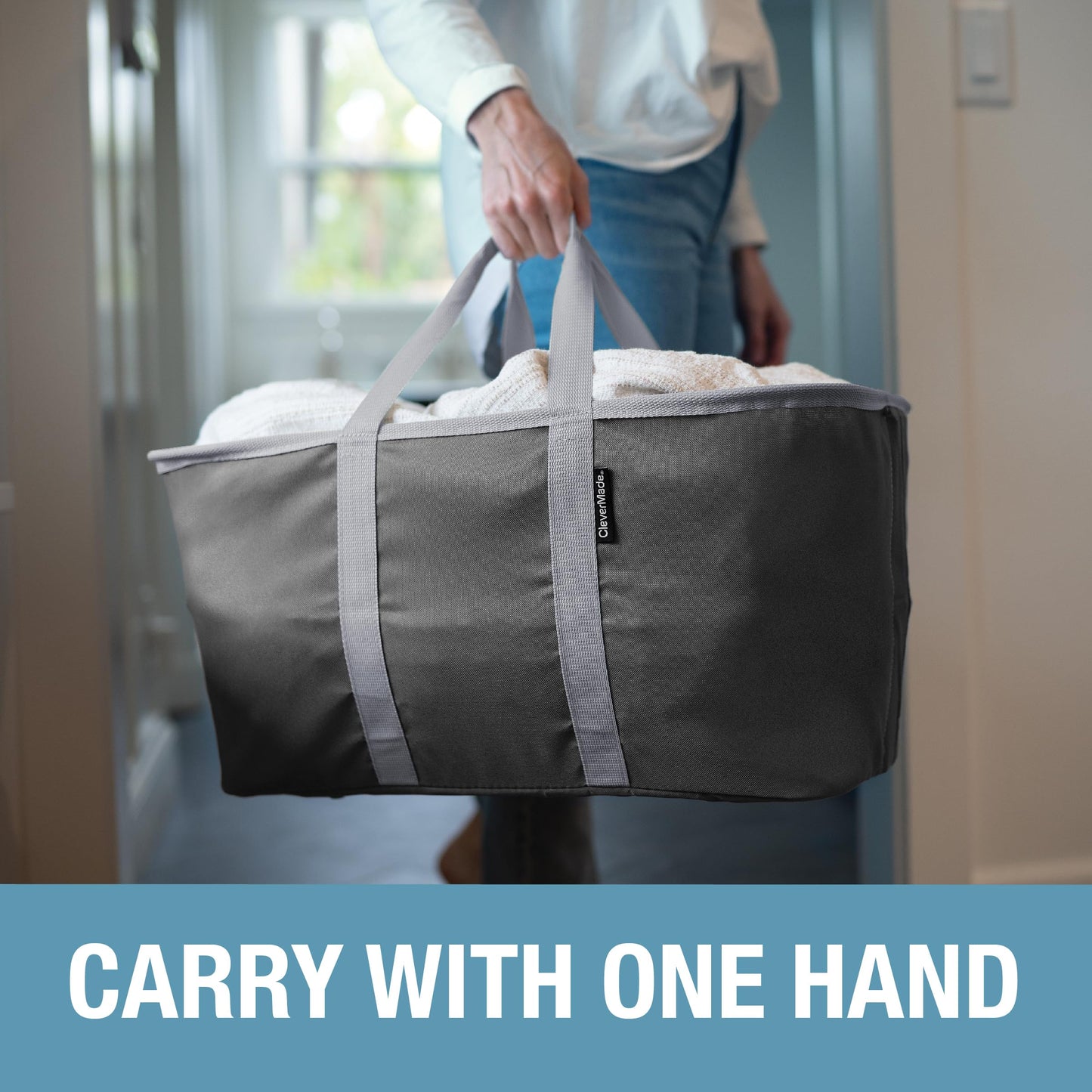 CleverMade Collapsible Laundry Tote 2-Pack (50L) – Foldable Carry-All Storage Bin for Laundry, Car Trunk, RV, Dorm & Home Organization - Denim