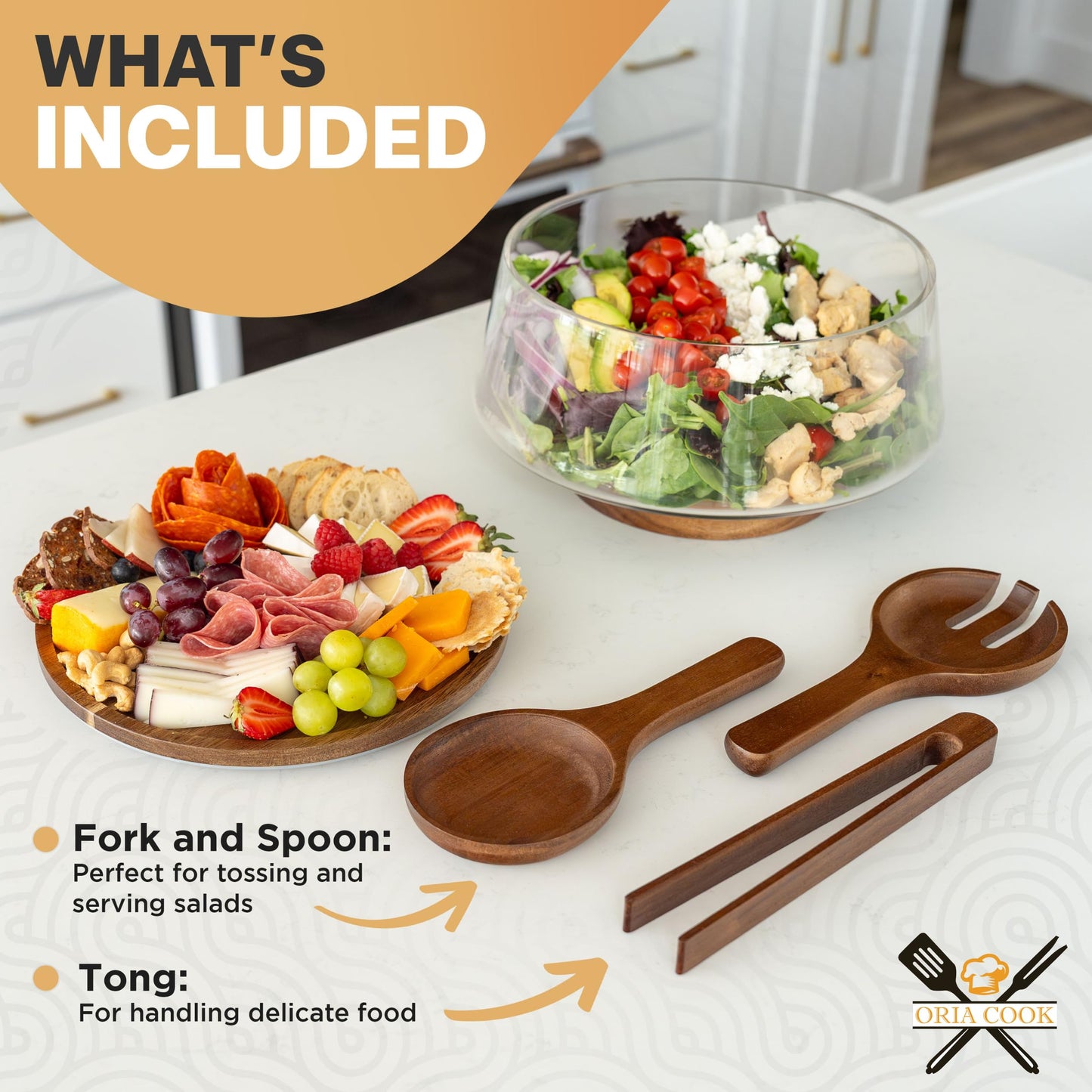 Oria Cook Large Glass Salad Bowl with Lid Set, 5.7 L Decorative Glass Mixing Bowl, Trifle and Serving Bowls with Lids as Cheese Charcuterie Board and Plate, Comes with Wood Serving Utensils
