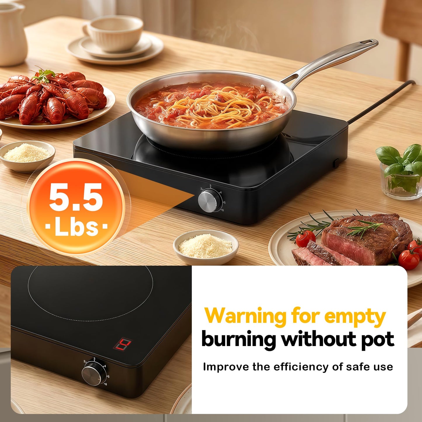 1200W Hot Plate: Portable Electric Burner with Boil-Dry Protection & 6 Heat Settings – Electric Stove Compact Cooktop for RV, Dorm, Office & Small Kitchens, Road-Ready & Safe