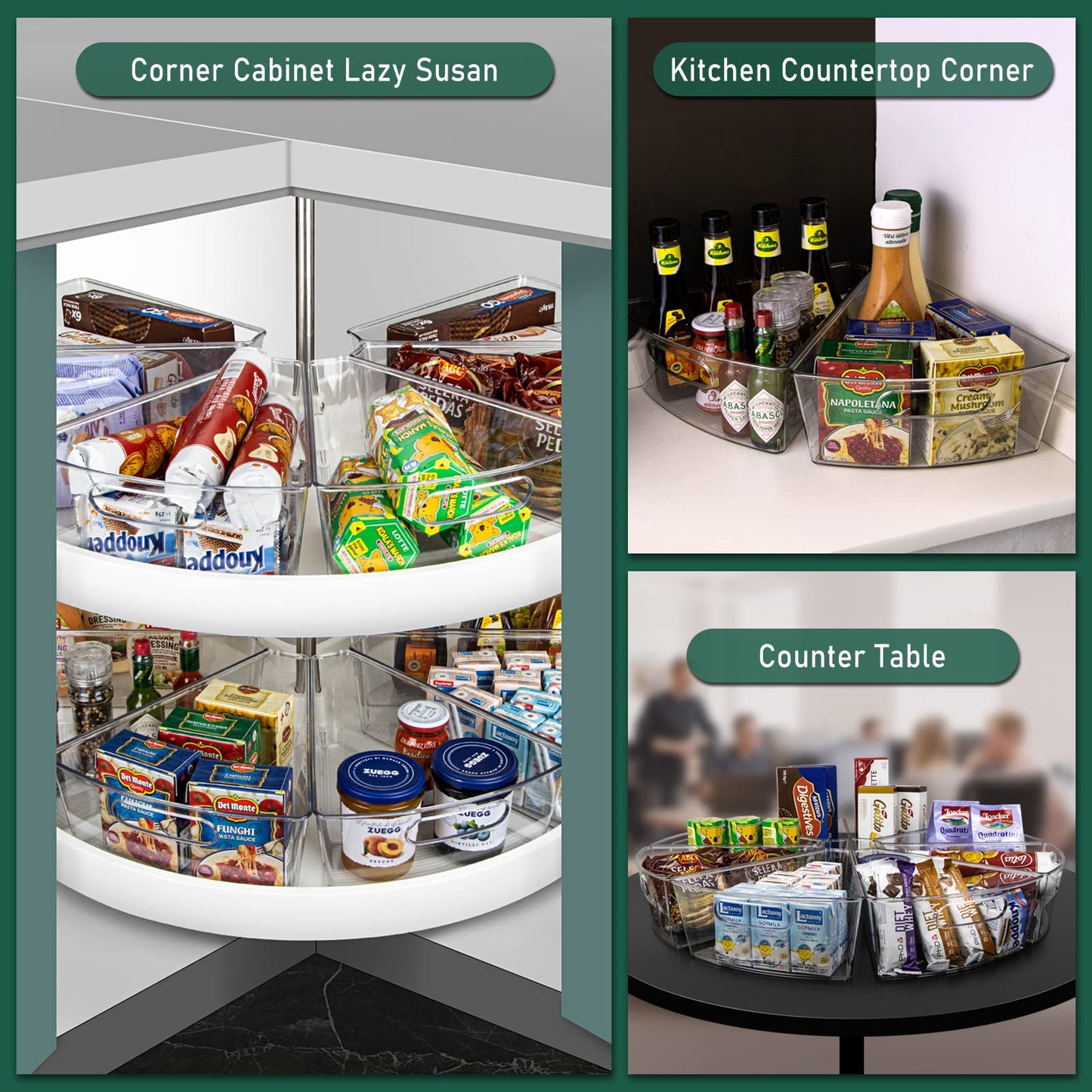 JEISSLIA Lazy Susan Cabinet Organizer Bins for 26"/ 28"/ 32" Diameter Corner Organizer, Plastic Cabinet Storage Bin, 1/8 Wedge - Food Safe, BPA Free, with Non-Slip Pads (for 28" Diameter, 8 Pack)
