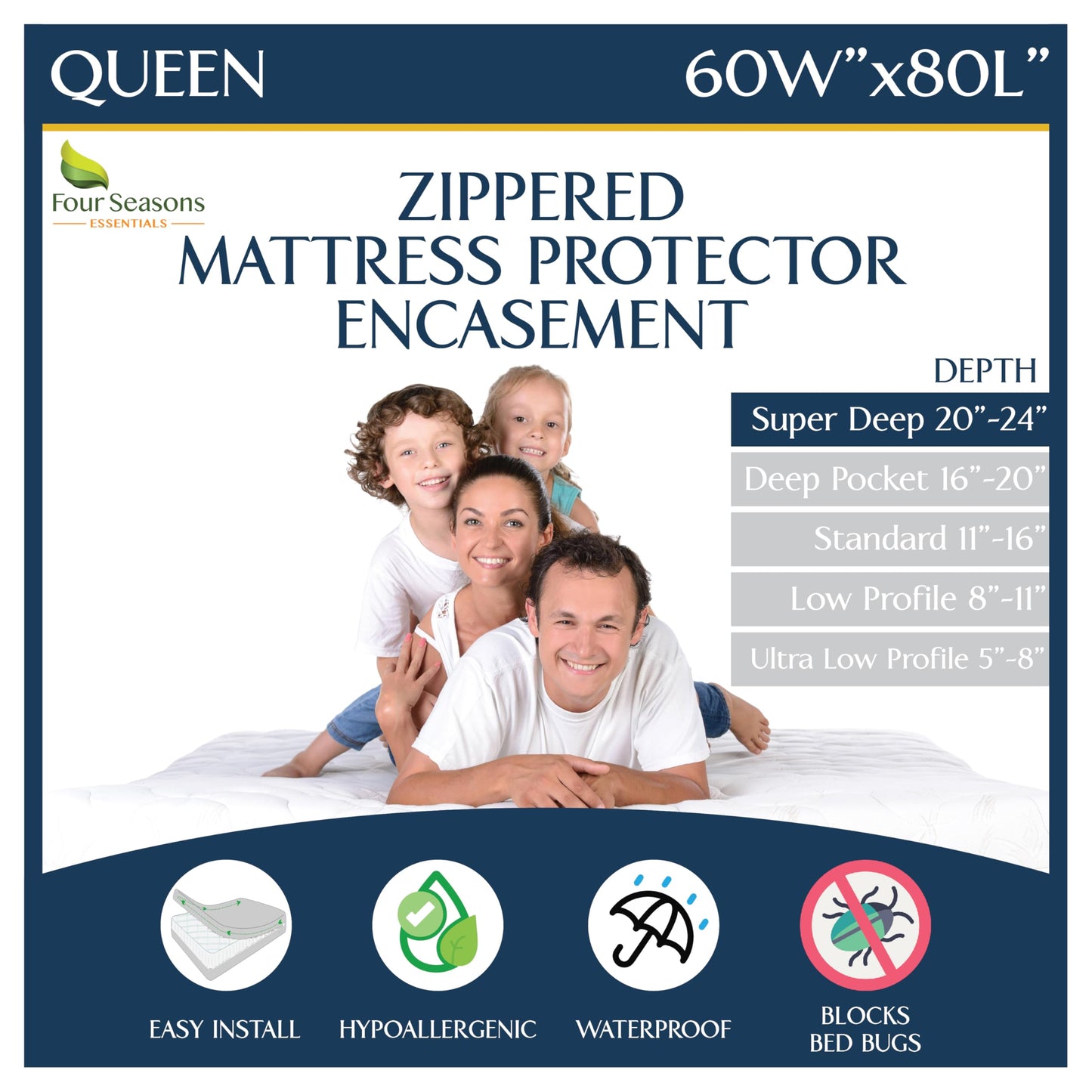 Super Deep Pocket Mattress Encasement - Queen - Zippered Bedbug Waterproof Protector for Very Deep Mattresses 20-24 inch Depth