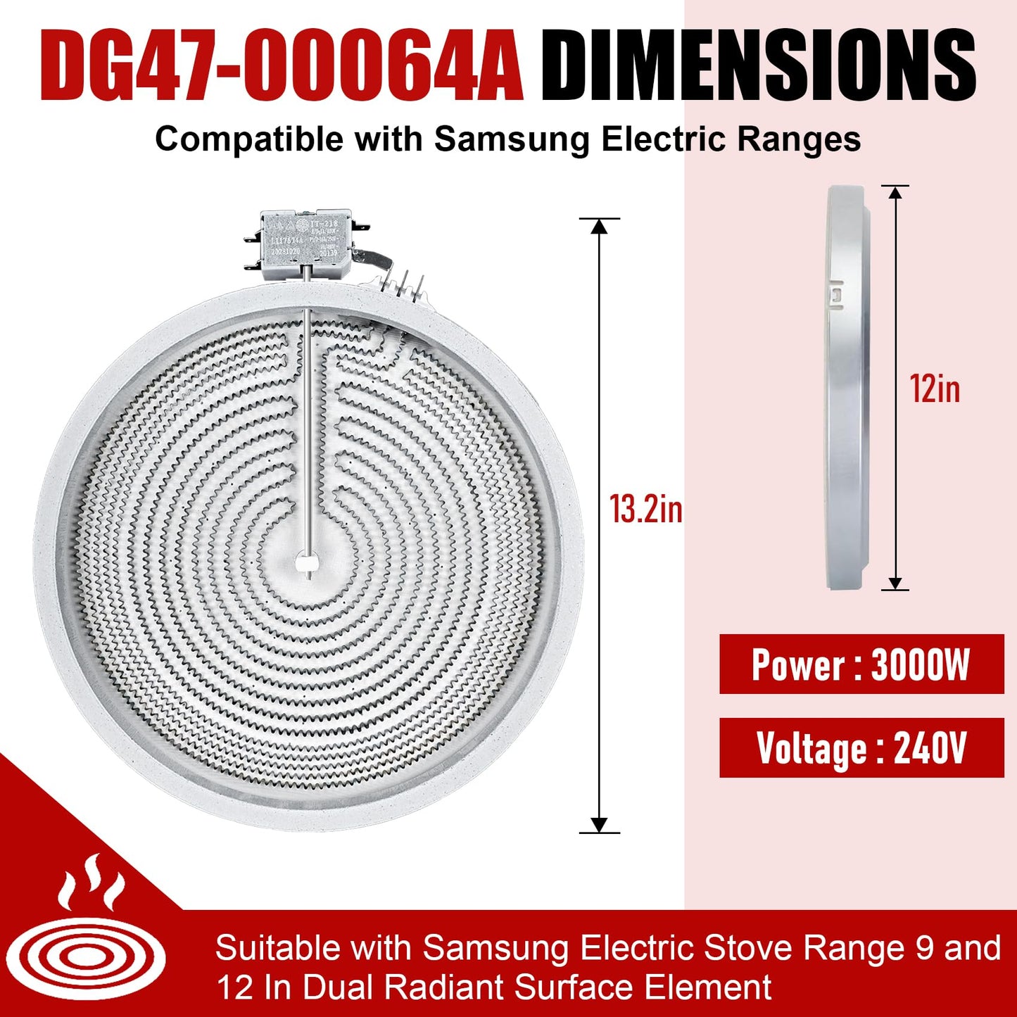 OEM home UPGRADE DG47-00064A DG47-00056A Compatible With Samsung Stove Range Electric Range 9/12 Inch Dual Radiant Heater Element Replacement EAP11729066 AP5986691 PS11729066 Surface Element