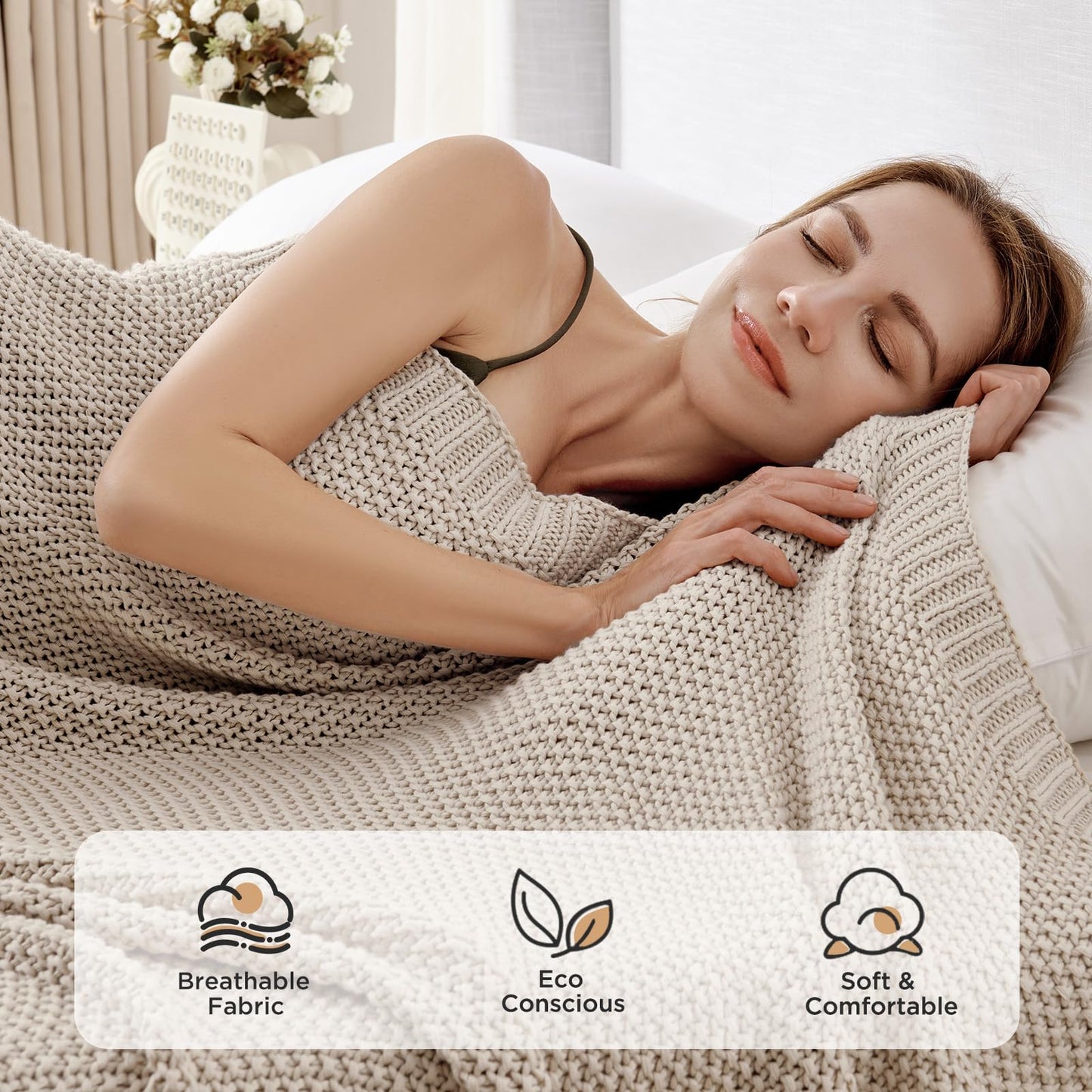 Joydeco Chunky Cable Knit Throw Blanket, Lightweight 100% Organic Cotton Soft Cozy Throw Twin Blanket for Couch Bed and Sofa, Rustic Breathable Farmhouse Blanket Gift for Women Men(Beige, 60"x80")