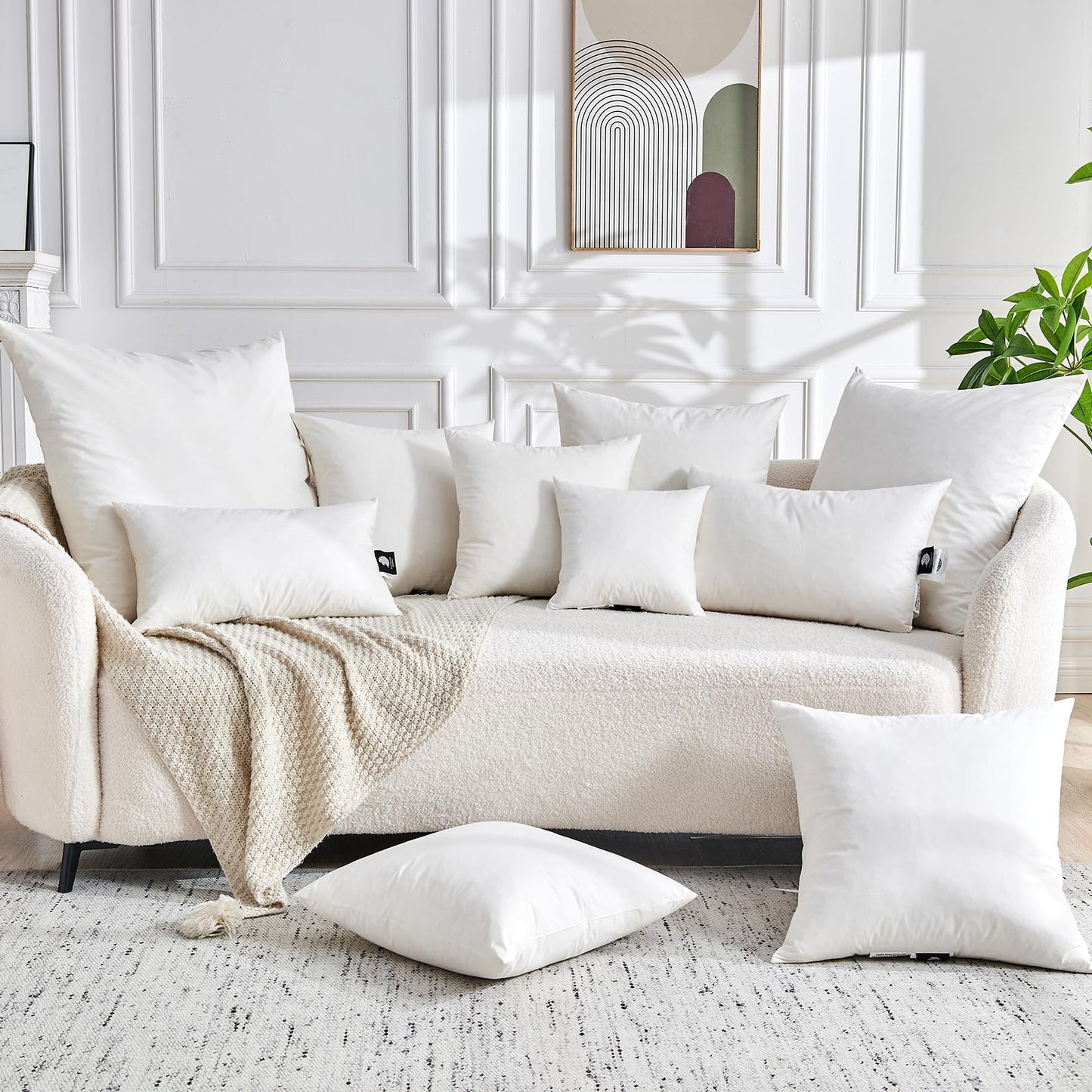 TOPGREEN Feathers Down Throw Pillow Inserts 24x24, Set of 2, 100% Organic Cotton Shell, Soft Decorative Square Pillow Insert for Living Room Sofa, Couch, or Bed (White)