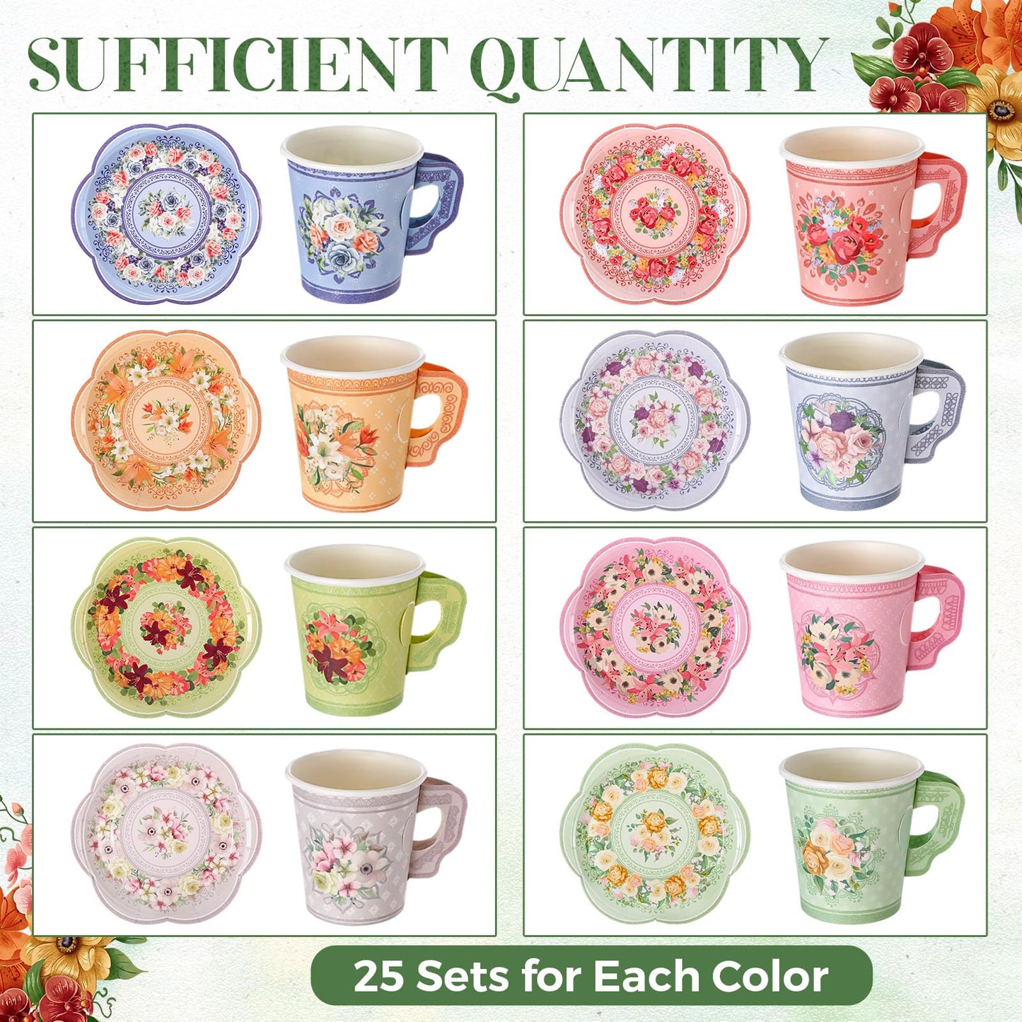 Nuogo 400 Pcs Floral Paper Tea Cups and Saucers Disposable Tea Party Supplies, 200 Sets 7 oz Vintage Teacups with Handles and Plates for Wedding Birthday Baby Shower Bridal Garden Summer Party