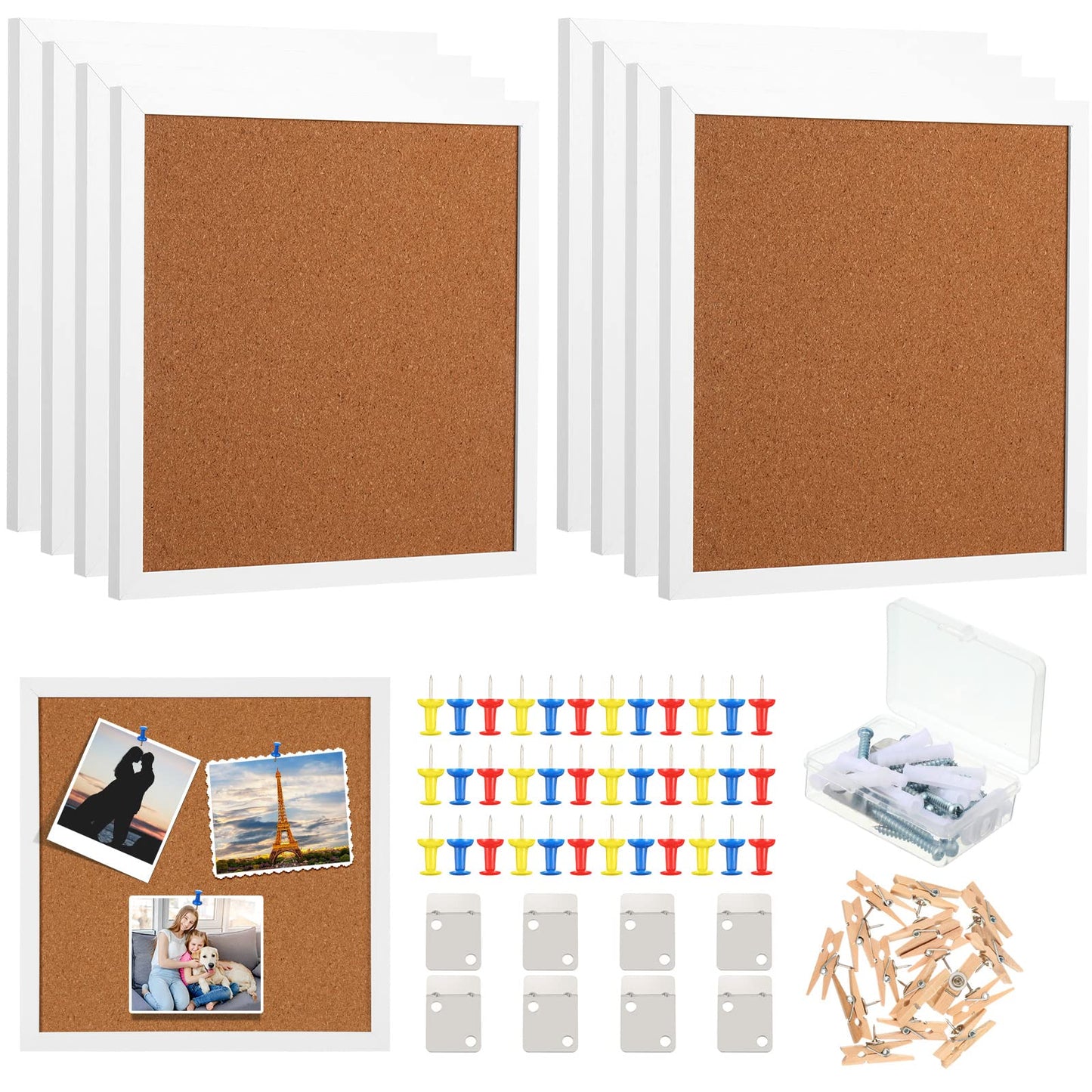Treela 8 Pack White Cork Board with Frame for Wall 12x12, Decorative Linen Corkboard Bulletin Board with Push Pins & Clips for Office Home School Supplies (Square)