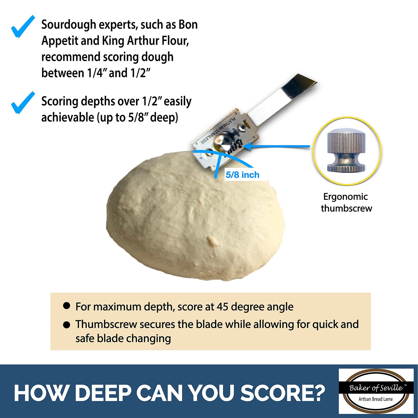 Baker of Seville Bread Lame – Now with 6 Included blades. Change from Straight or Curved Blade Lame in seconds with the Patented Design. Built for professional and serious bakers.