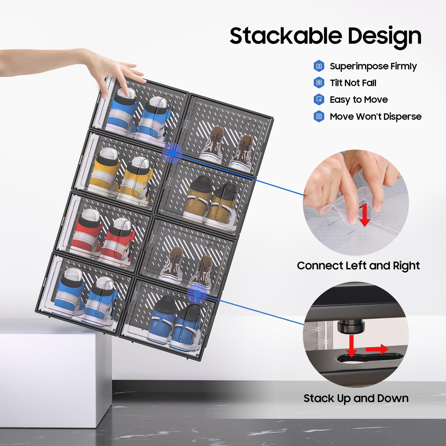 eWonLife X-Large Shoe Boxes with Magnetic Door, 12-Pack Stackable Shoes Storage Organizer for Closet, Clear Plastic Sneaker Container Shoe Rack for Size 12, Black