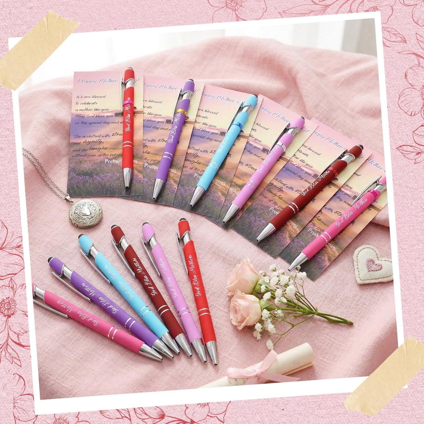 Qeeenar 72 Sets God Bless Mothers Gift Christian Church Gifts Ballpoint Pens Cards with Stylus and Metallic Twist Ties Bulk for Women Christmas Happy Mother's Day Religious Faith Scripture