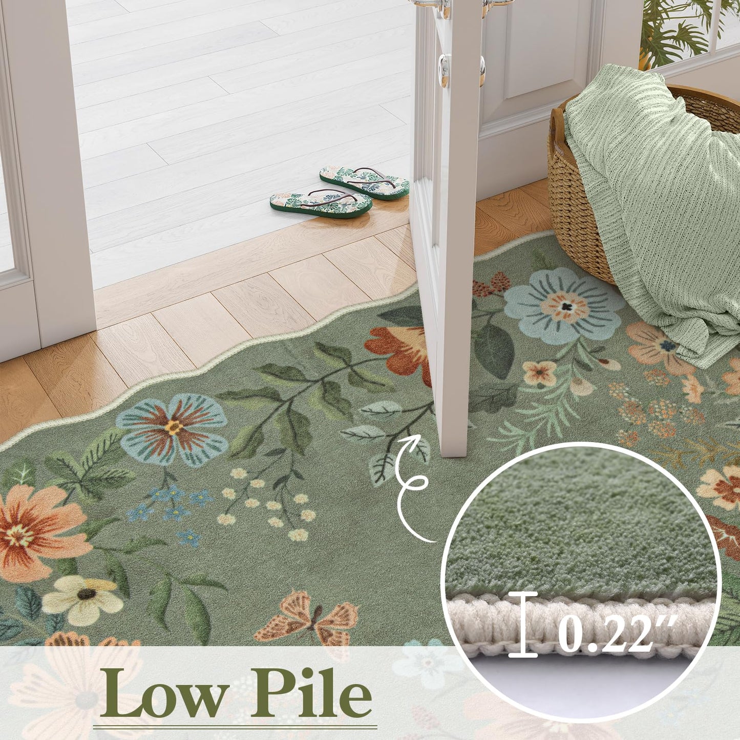 Lahome Floral Washable Rugs, 4X6 Rug for Bedroom Ultra-Thin Soft Dining Room Rug, Non-Slip Living Room Rugs Stain Resistant Boho Rug Lightweight Flore Throw Rug for ‎Office (4x6ft,Green)
