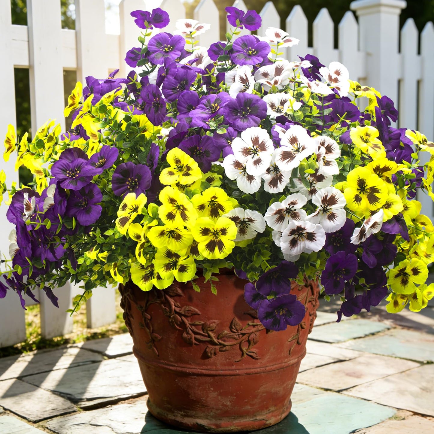 16Pcs Artificial Pansy Flowers for Outdoors, UV Resistant Fake Faux Silk Pansies for Outside,Spring Flowers for Hanging Basket Planter Window Box Porch Patio Yard Decor(Mixed Purple Yellow White)