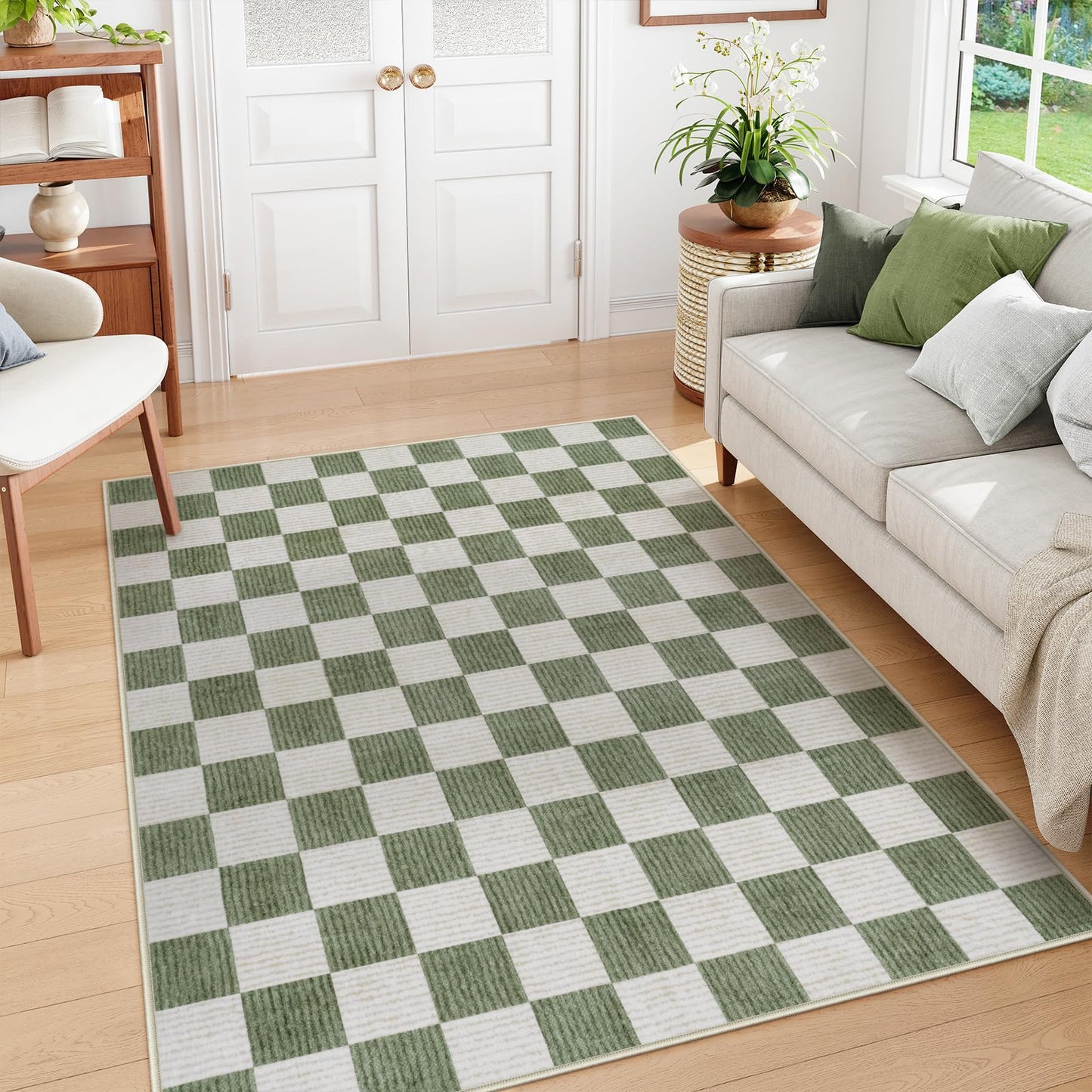Machine Washable 5x7 Area Rugs for Living Room Checkered, Non Slip Soft Low Pile Farmhouse Geometric Modern Neutral Playroom Boys Rugs for Bedroom, Large Carpet Rugs for Dining Room(Sage Green,5'x7')
