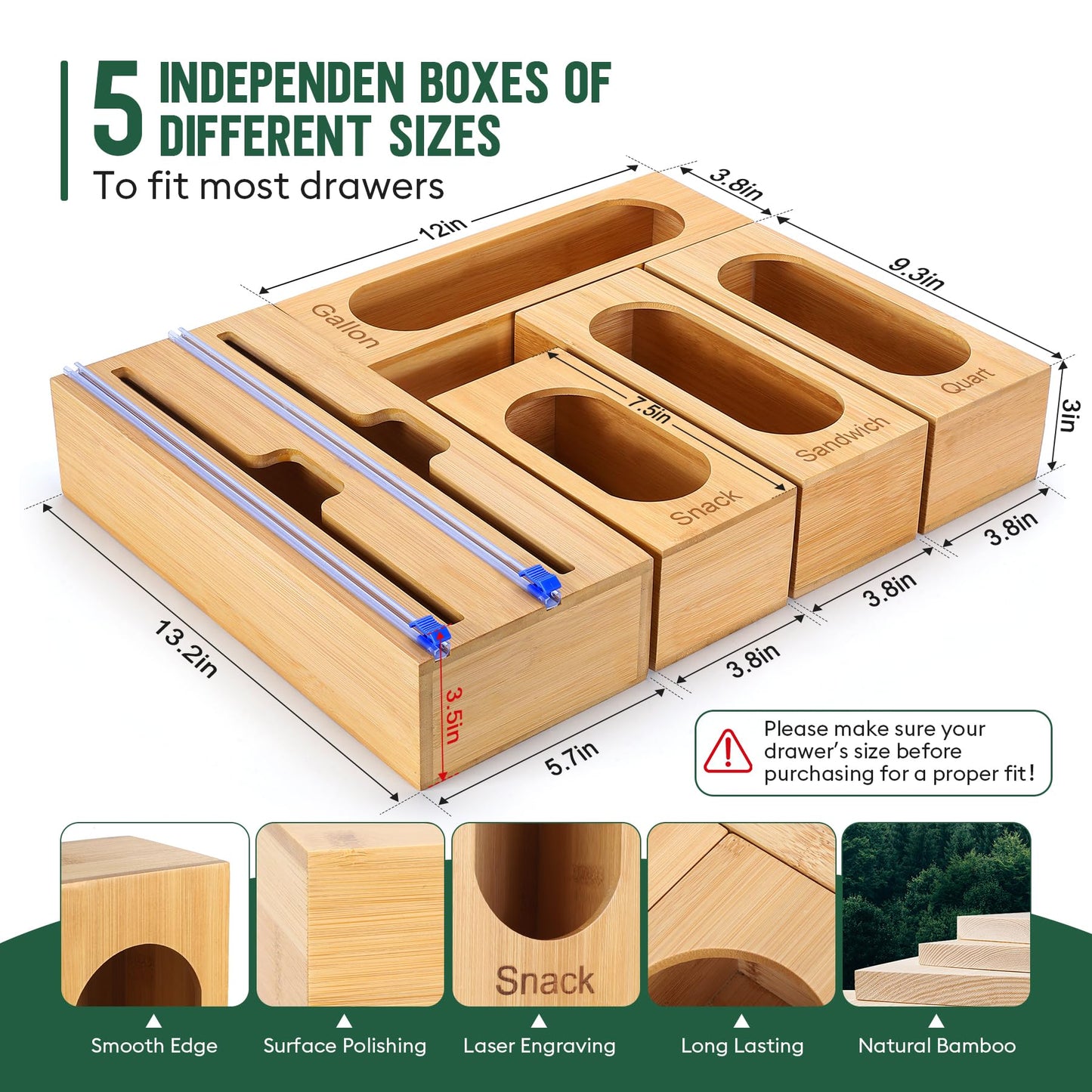 Gamtik Individual Storage Bag Organizer for Kitchen Drawer, Bamboo with Foil and Plastic Wrap Organizer for Kitchen Organizers and Storage, for Gallon, Quart, Sandwich, Snack