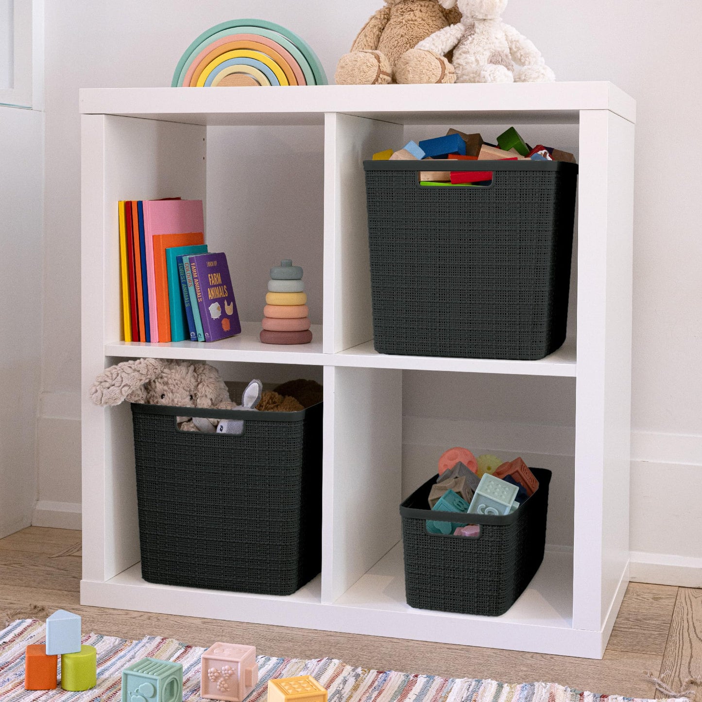Curver Set of 8 Slim 6.8L Jute Decorative Plastic Organization and Storage Baskets - Perfect Bins for Home Office, Closet Shelves, Kitchen Pantry and All Bedroom Essentials, Black