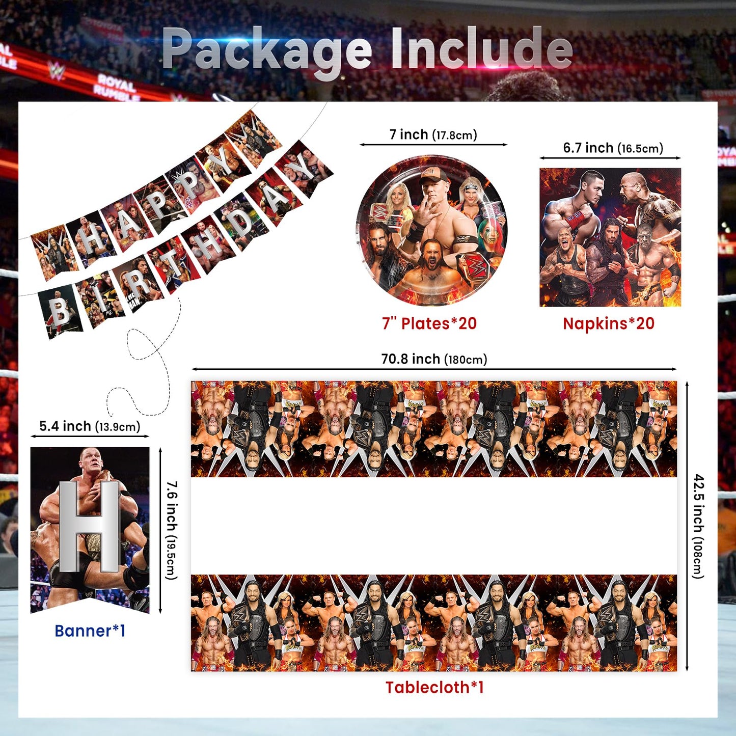 Wrestling Birthday Supplies, 42Pcs Wrestling Decorations include Banner, Tablecloth, Plates and Napkins for Teens Kids Party Decor