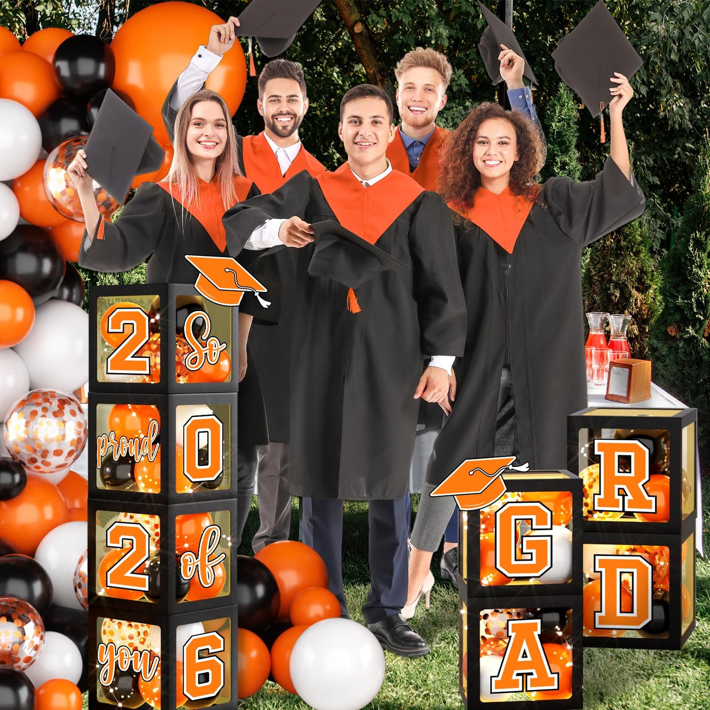 2026 Graduation Party Decorations Class of 2026 Balloon Boxes with Letters 2026 Grad & So Proud of You Congrats Grad Party Decorations 117pcs Balloons for Any Grades Class Grad Party (Black Orange)