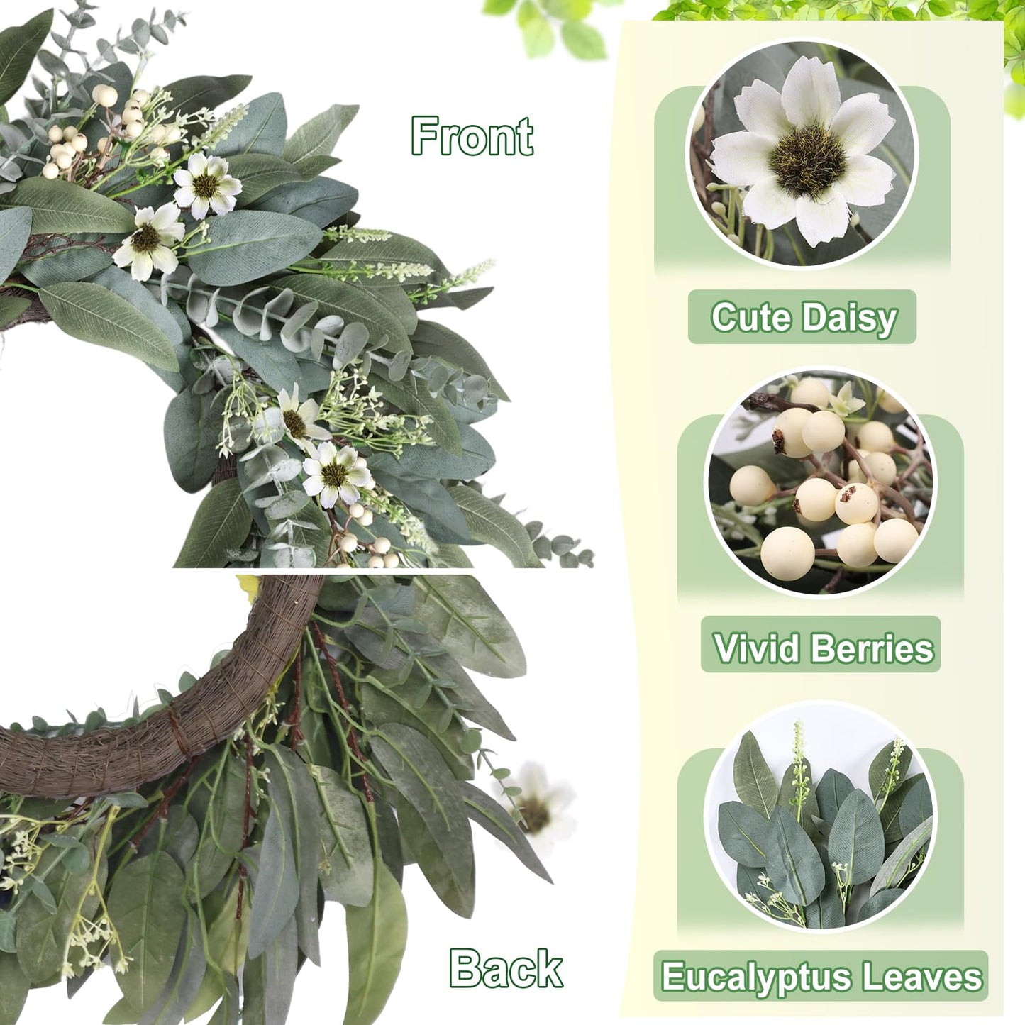 26 Inches Large Eucalyptus Spring Wreaths for Front Door,Artificial Greenery Summer Wreath with Berries White Flower Daisy,Easter Valentines Farmhouse Porch Wall Home Indoor Outdoor Décor