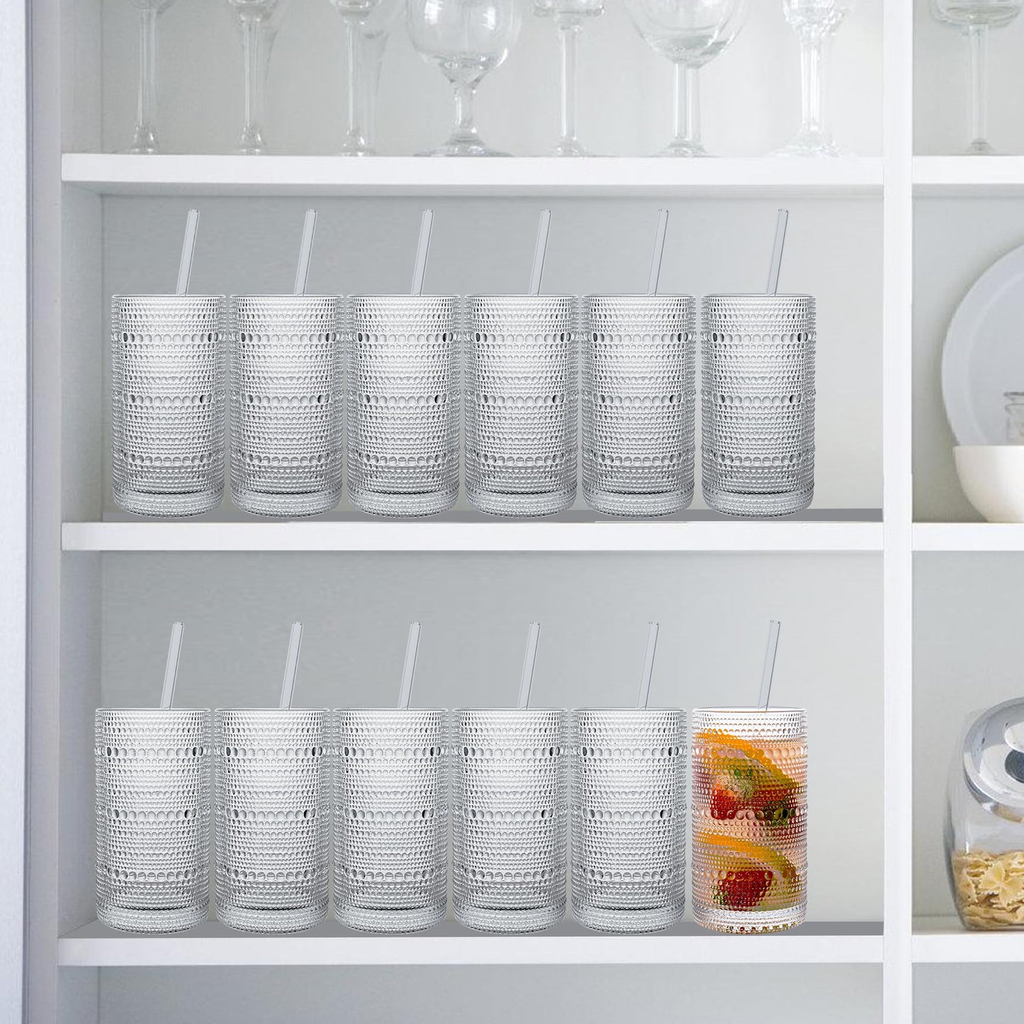 Dingerjar Upgraded Large Capacity 16 oz/480 ml Hobnail Glasses Drinking Set of 12 - Heavy Vintage Glassware