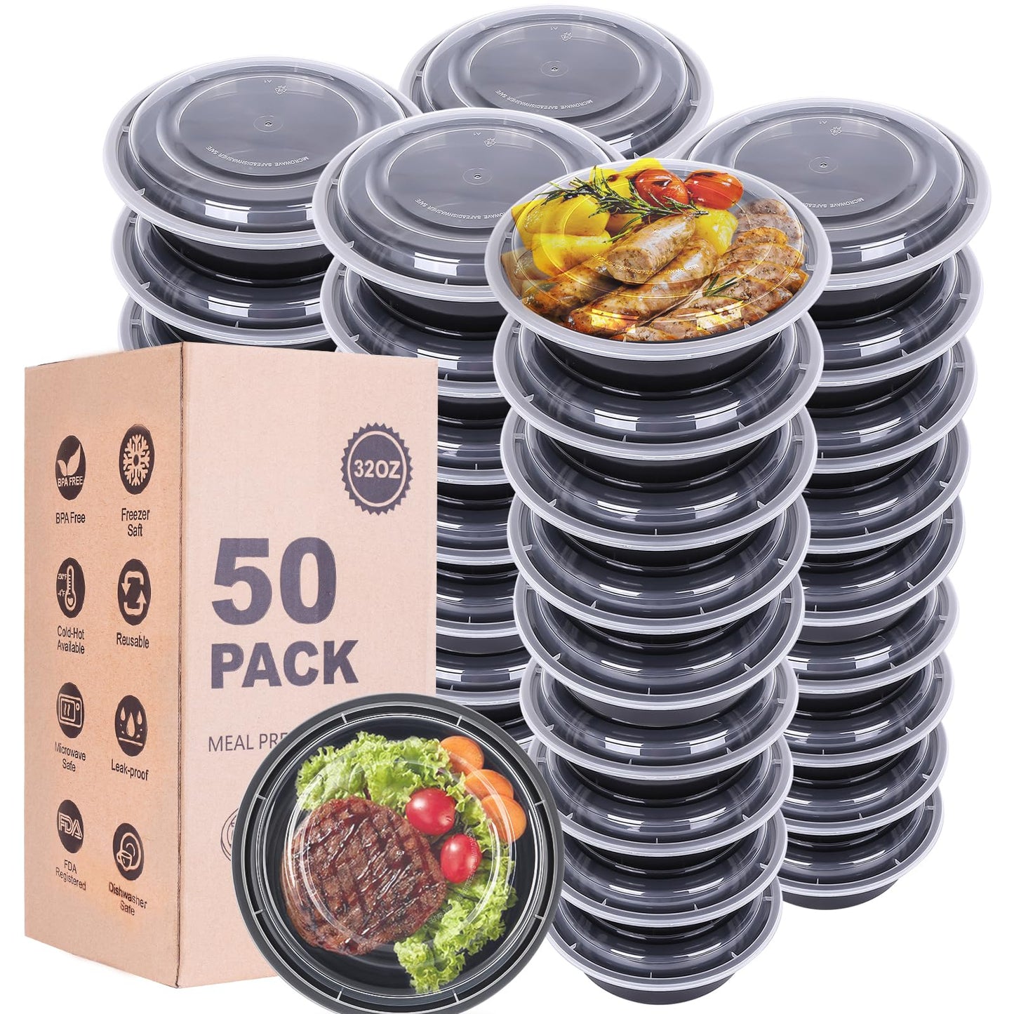 WGCC Meal Prep Containers with Lids - 50Pack 32OZ Meal Bowls, Round To Go Containers, BPA-Free, Freezer & Dishwasher Safe