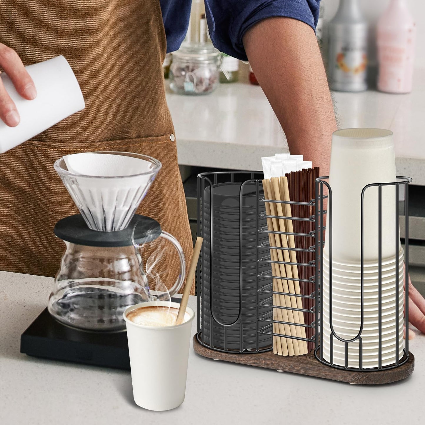 Tanggiteck 3-Compartment 18oz Coffee Cup Dispenser Rack with Wood Base, Disposable Cup, and Lid Organizer for Countertop - Perfect for Paper Cups, Straws, and Kitchen Cabinet Storage
