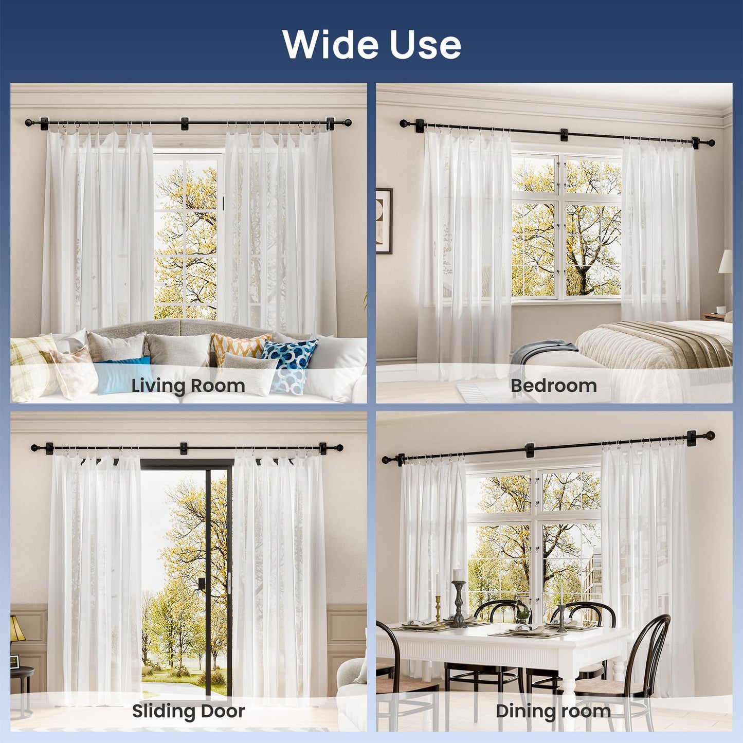 ENJOYBASICS No Drill Curtain Rods for Window 66 to 120 Inches, 5/8 Inch Diameter Renter Friendly Drapery Rod with Adhesive Brackets without Drilling, Adjustable from 27 to 130 Inches, Black