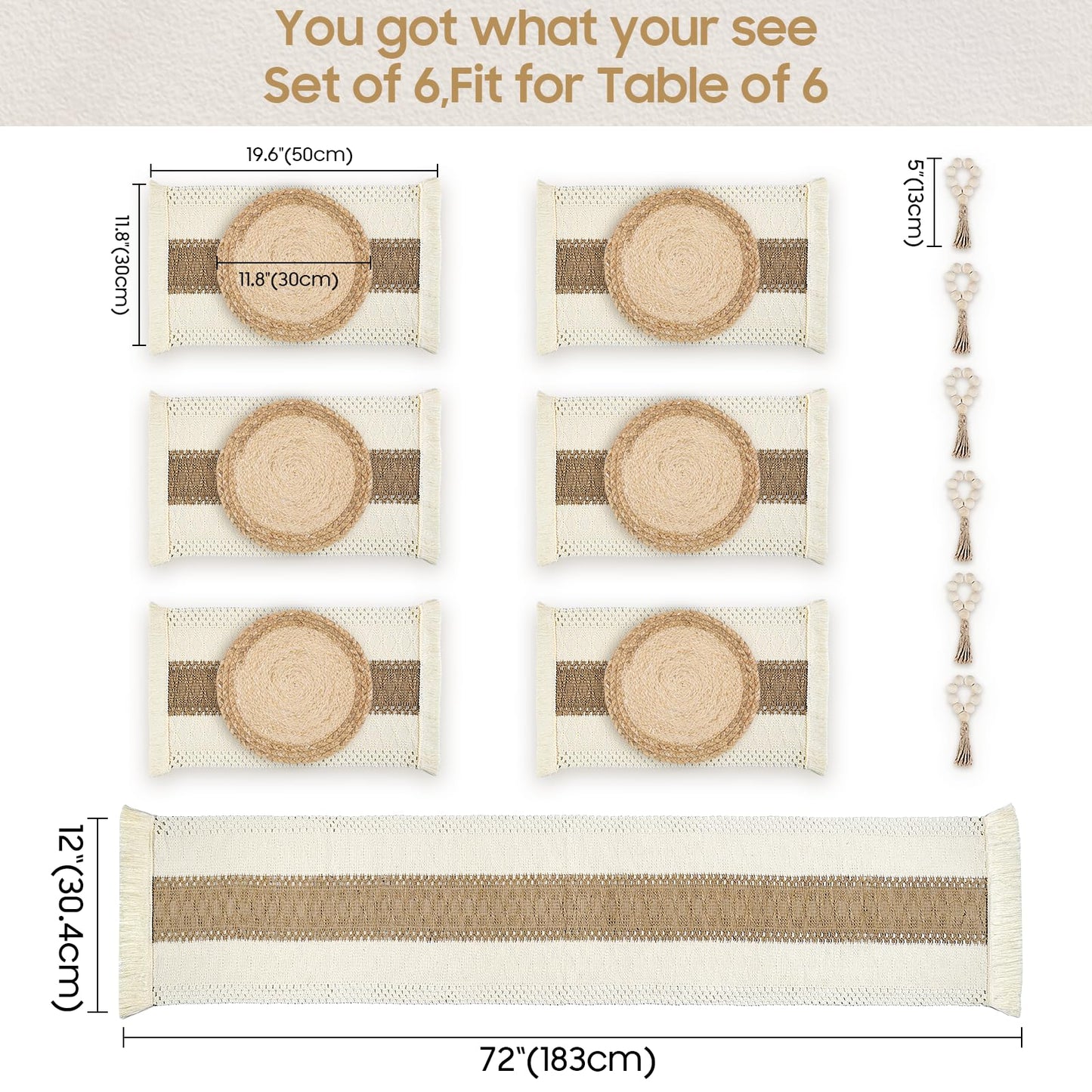 Placemats Set of 6 with Charger Plates Table Mats Table Runner and Napkin Rings,Made of Natural Cotton Burlap and Corn Husk,Non-Slip Heat-Resistant Boho Fall Placemats for Dining Table Décor
