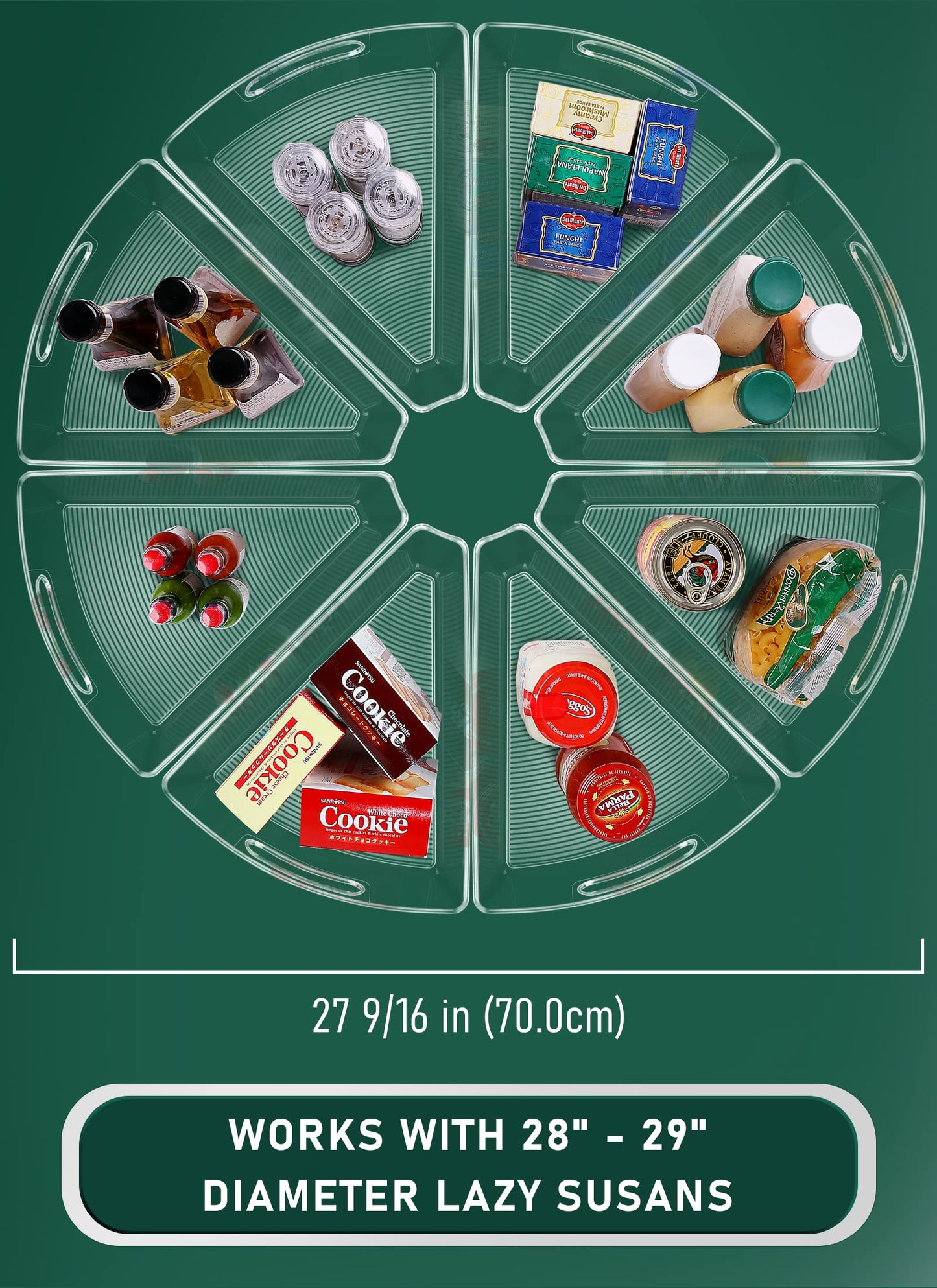 JEISSLIA Lazy Susan Cabinet Organizer Bins for 26"/ 28"/ 32" Diameter Corner Organizer, Plastic Cabinet Storage Bin, 1/8 Wedge - Food Safe, BPA Free, with Non-Slip Pads (for 28" Diameter, 8 Pack)