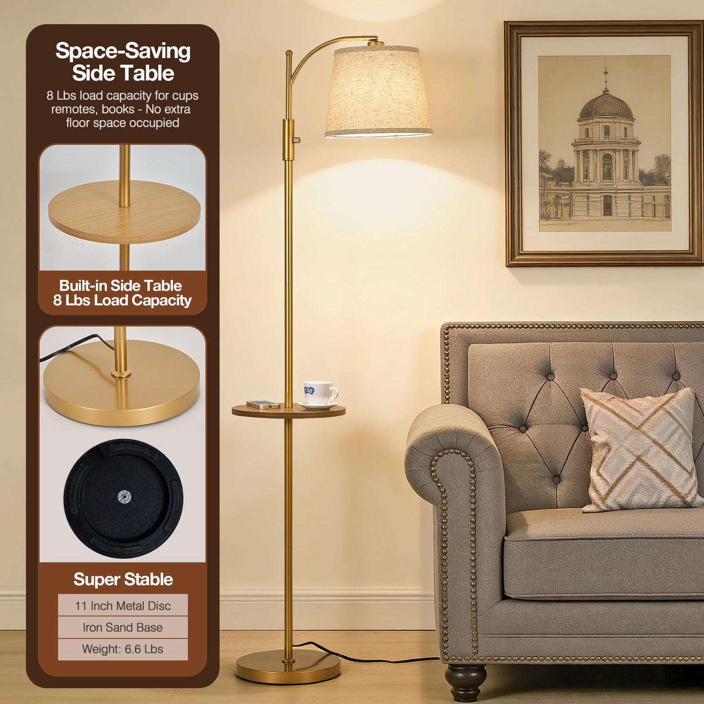 AIDENOEY Fully Dimmable Floor Lamp for Living Room，Standing Lamp Rotary Switch with Table&Linen Beige Shade，Golden Tall Lamps for Bedroom with Adjust Head，9W LED Bulb Included
