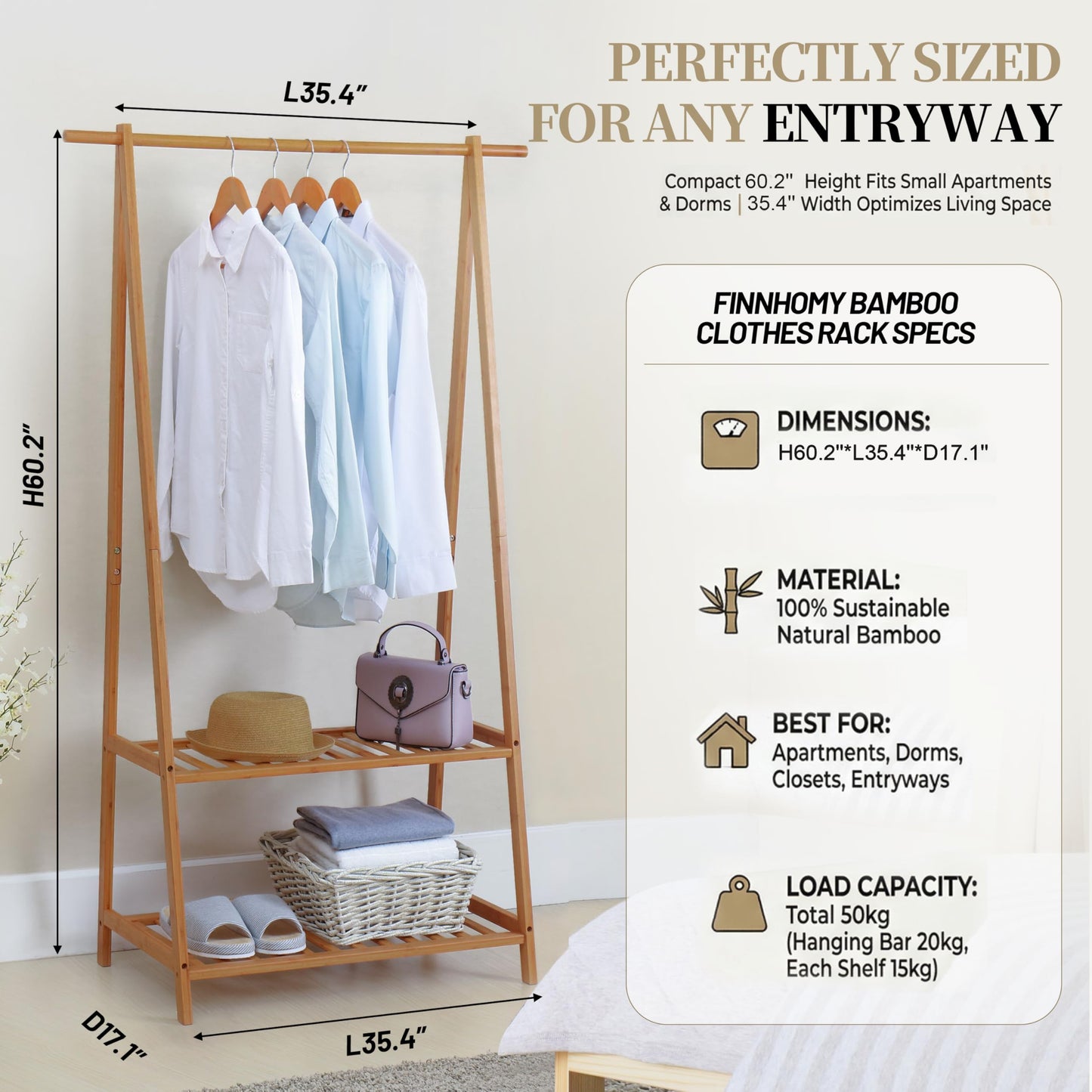 Finnhomy Bamboo Clothes Rack Portable Extra Large Garment Rack 2-Tire Storage Box Shelves For Entryway and Bed Room Patented Design