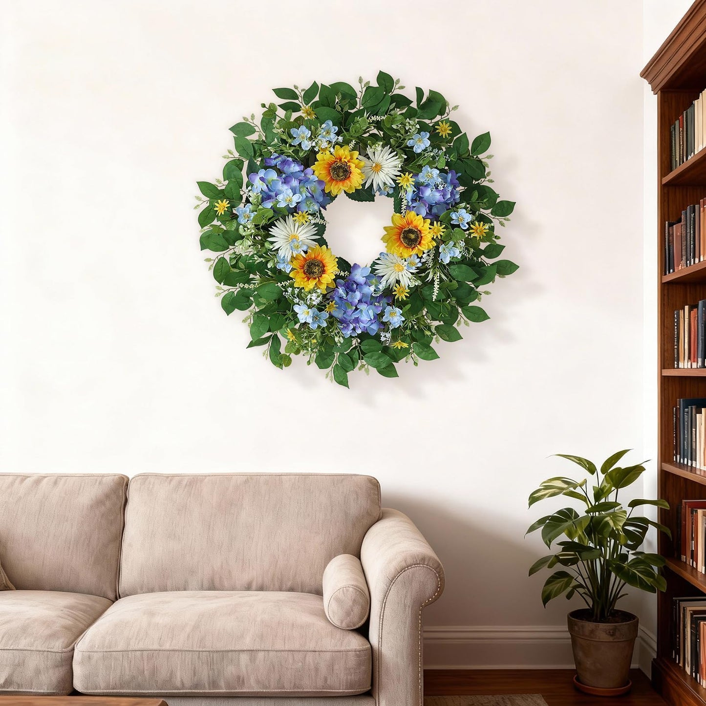 26" Large Artificial Flower Wreath for Front Door Outside – Spring Summer Wreath with Lifelike Sunflowers, Fake Blue Hydrangea Flowers for Indoor Outdoor Mantel,Window,Farmhouse,Home,Wall Decor