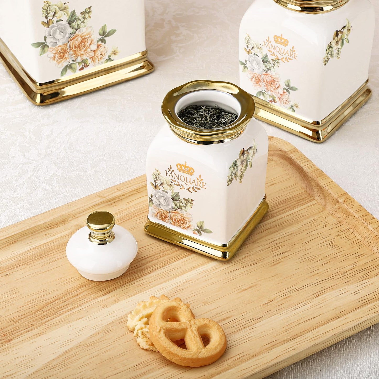 fanquare Floral Canisters with Gold Trim, Ceramic Decorative Countertop Jars, Farmhouse Porcelain Cookie Jar and Sugar Bowl Set with Airtight Lid