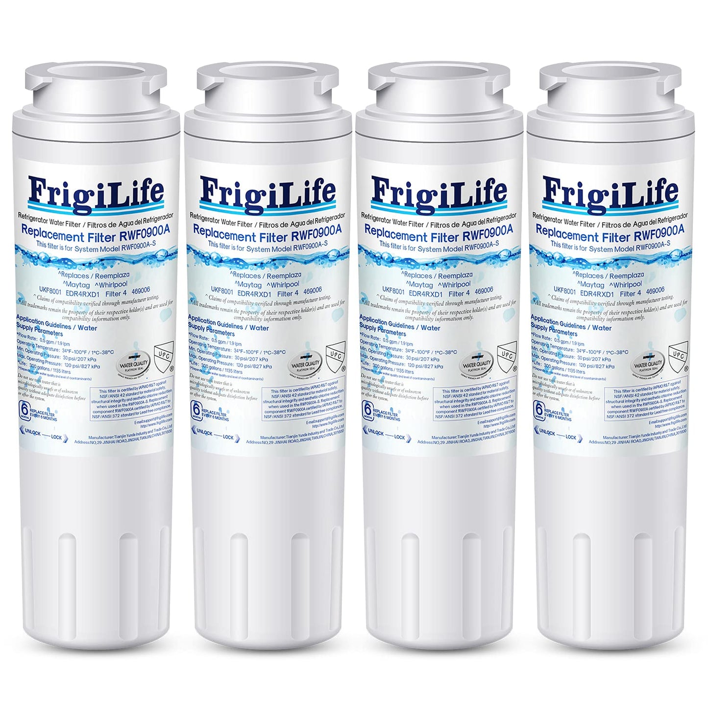 FrigiLife UKF8001 Replacement for EveryDrop Filter 4, Everydrop EDR4RXD1, UKF8001AXX-200, UKF8001P, Whirlpool 4396395, 469006, FMM-2 MPF15090 WF-UKF8001, SGF-M9 Refrigerator Water Filter, 4PACK