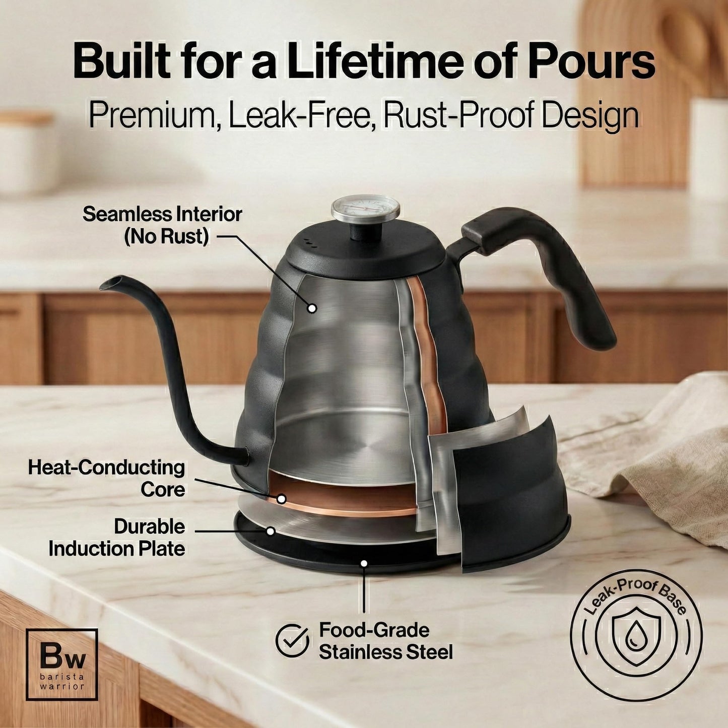 Barista Warrior Gooseneck Kettle with Thermometer - 1.2L Pour Over Coffee & Tea Kettle, 18/8 Matte Black Gooseneck Kettle Pot, Precision Pour Drip Spout, Suitable for All-Stoves (40 fl oz)