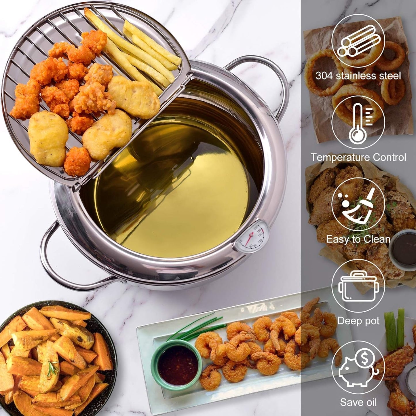 cuomaop Deep Fryer Pot, 304 Stainless Steel Japanese Frying Pot with Oil Drain, Temperature Control and Lid, Tempura Deep Fryer Pot for Kitchen Stove/Induction Cooker French Fries Fryer Chicken 9.4"