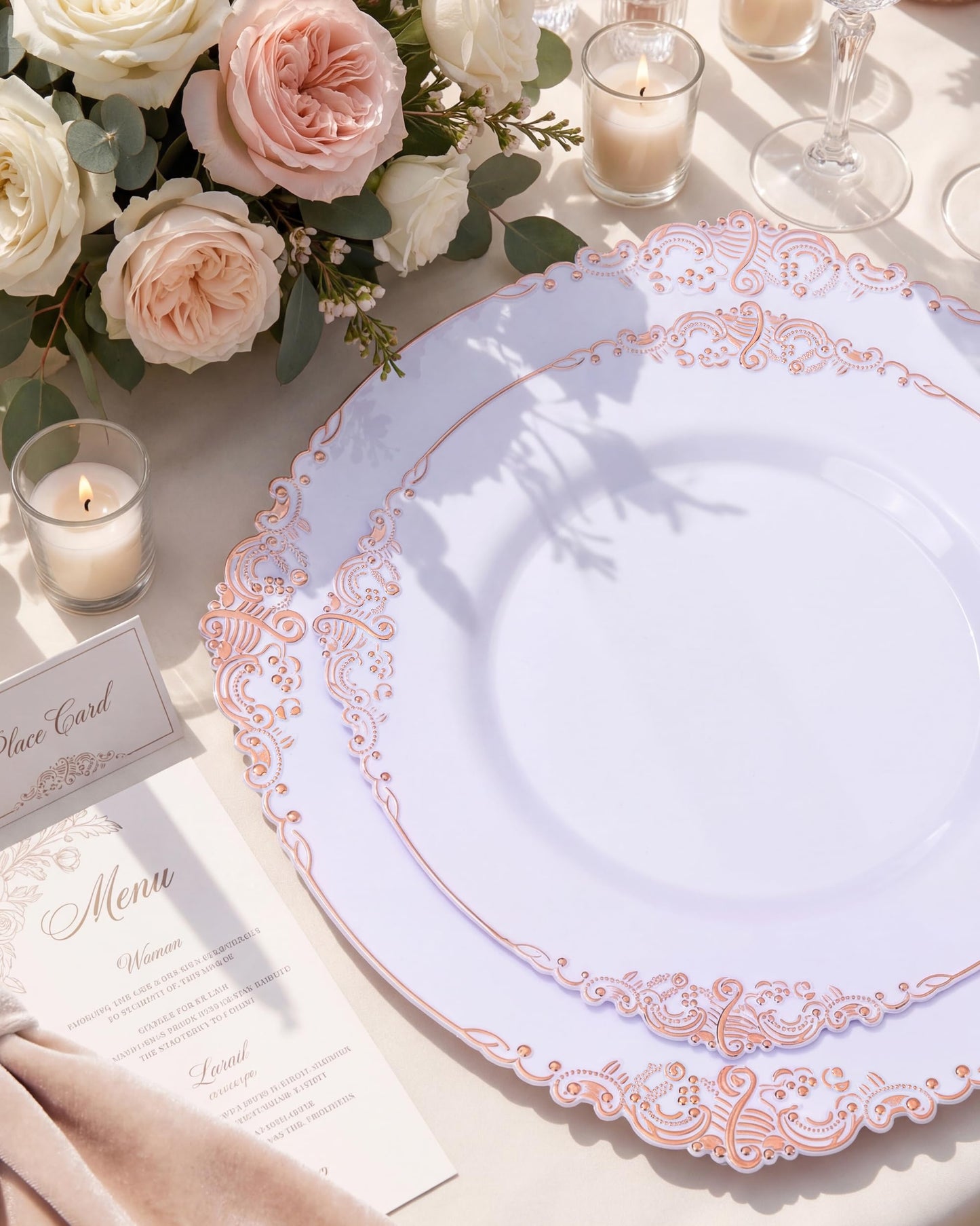 Morejoy 100 Pieces Rose Gold Plastic Plates - Rose Gold Disposable Plates - 10.25inch White Plastic Dinner Plates With Rose Gold Rim for Weddings & Parties & Graduation Party