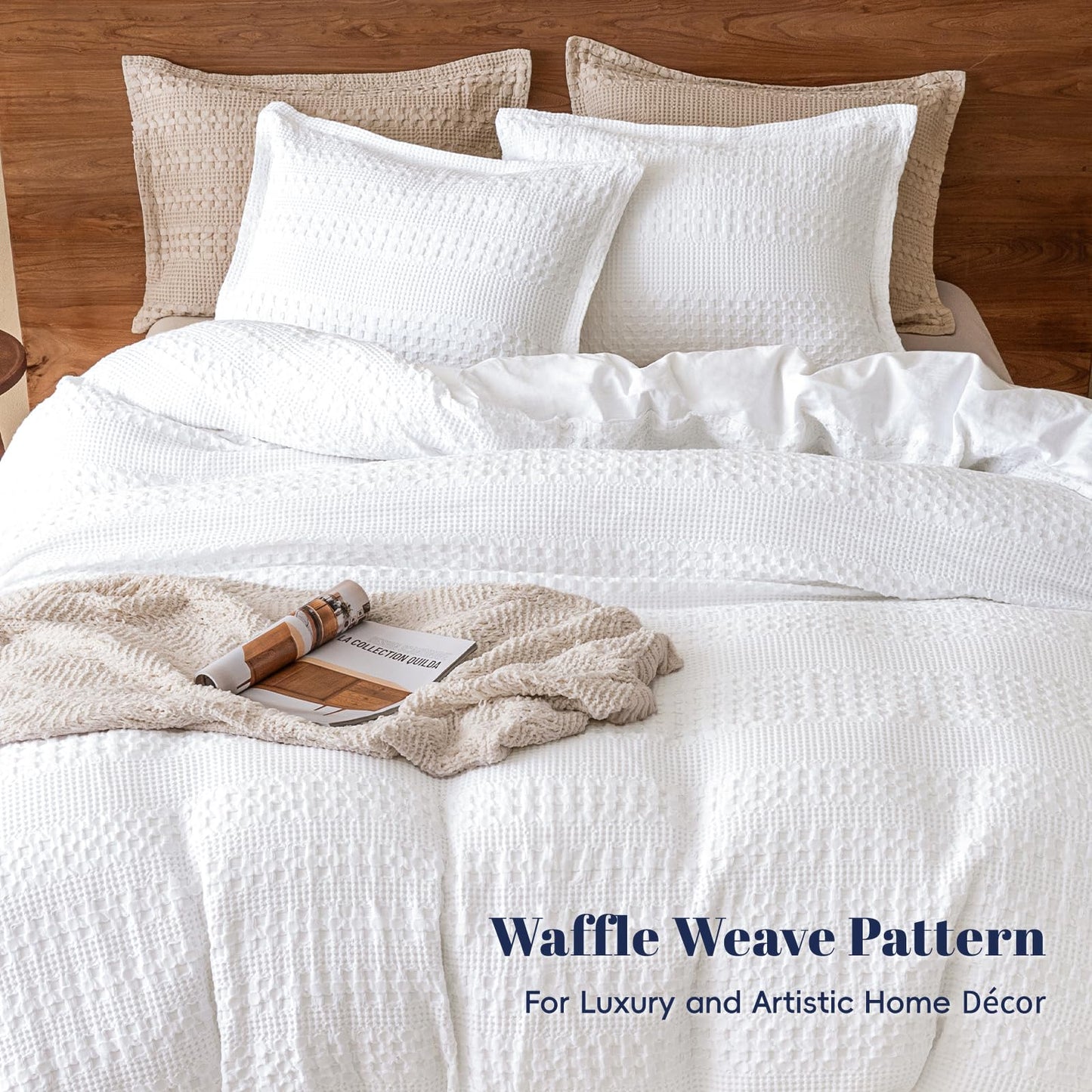 PHF 100% Cotton Waffle Duvet Cover King Size, Soft Breathable Cotton Bedding Duvet Cover Set for All Season, Weave Luxury Textured Design for All Home Decor, 3 Pieces, 104"x90", White
