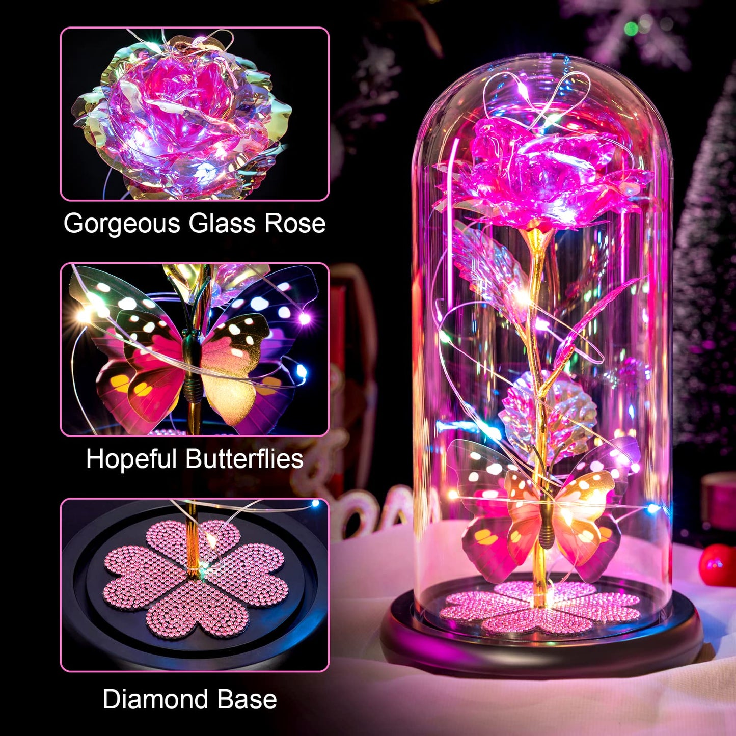 Mothers Day Mom Gifts for Mom Women Birthday Gift Galaxy Glass Rose in Glass Dome Forever Eternal Crystal Flowers with Butterfly Mother's Day Flowers Gifts for Women Wife Grandma Daughter Sister Pink