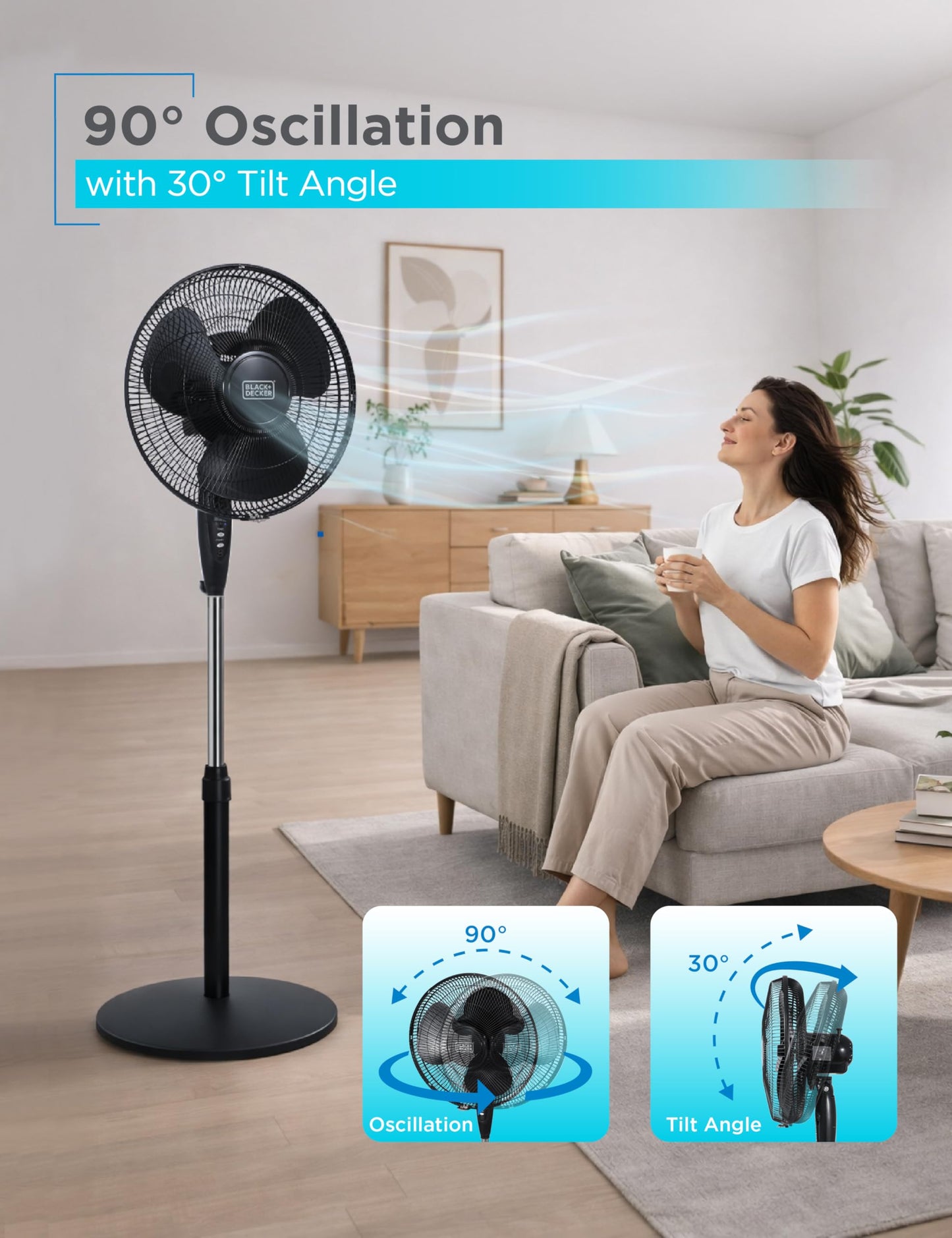 BLACK+DECKER 16" Standing Oscillating Pedestal Fan with Remote, 90-Degree Oscillation, 3 Speed Settings, Adjustable Height, Timer, 30-Degree Tilt, BFSR16B, Black
