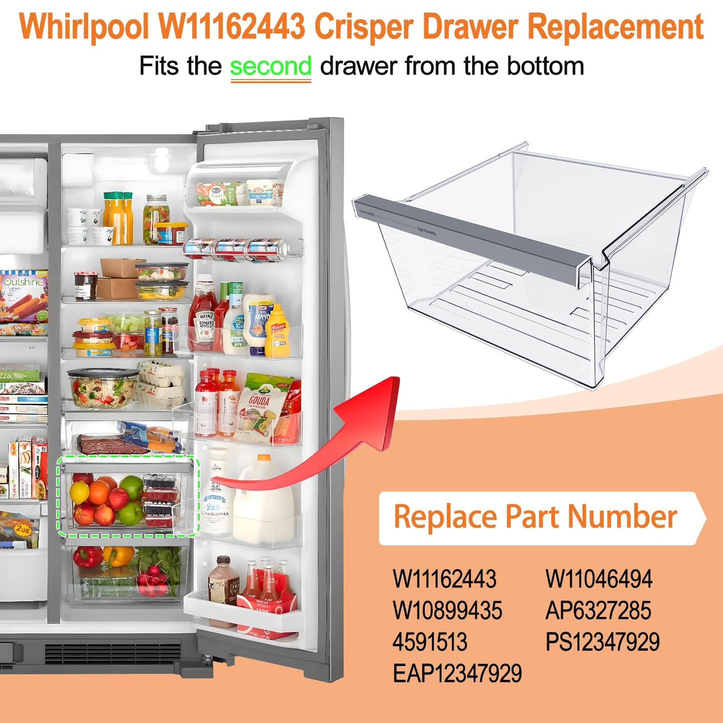UPGRADED W11162443 Refrigerator Crisper Drawer Compatible with Whirlpool Fridge Drawer Replacement Parts Whirlpool Refrigerator Drawers WRS315SDHZ02 WRS315SDHZ05 WRS315SDHZ08 WRS325SDHZ08 WRS321SDHZ08