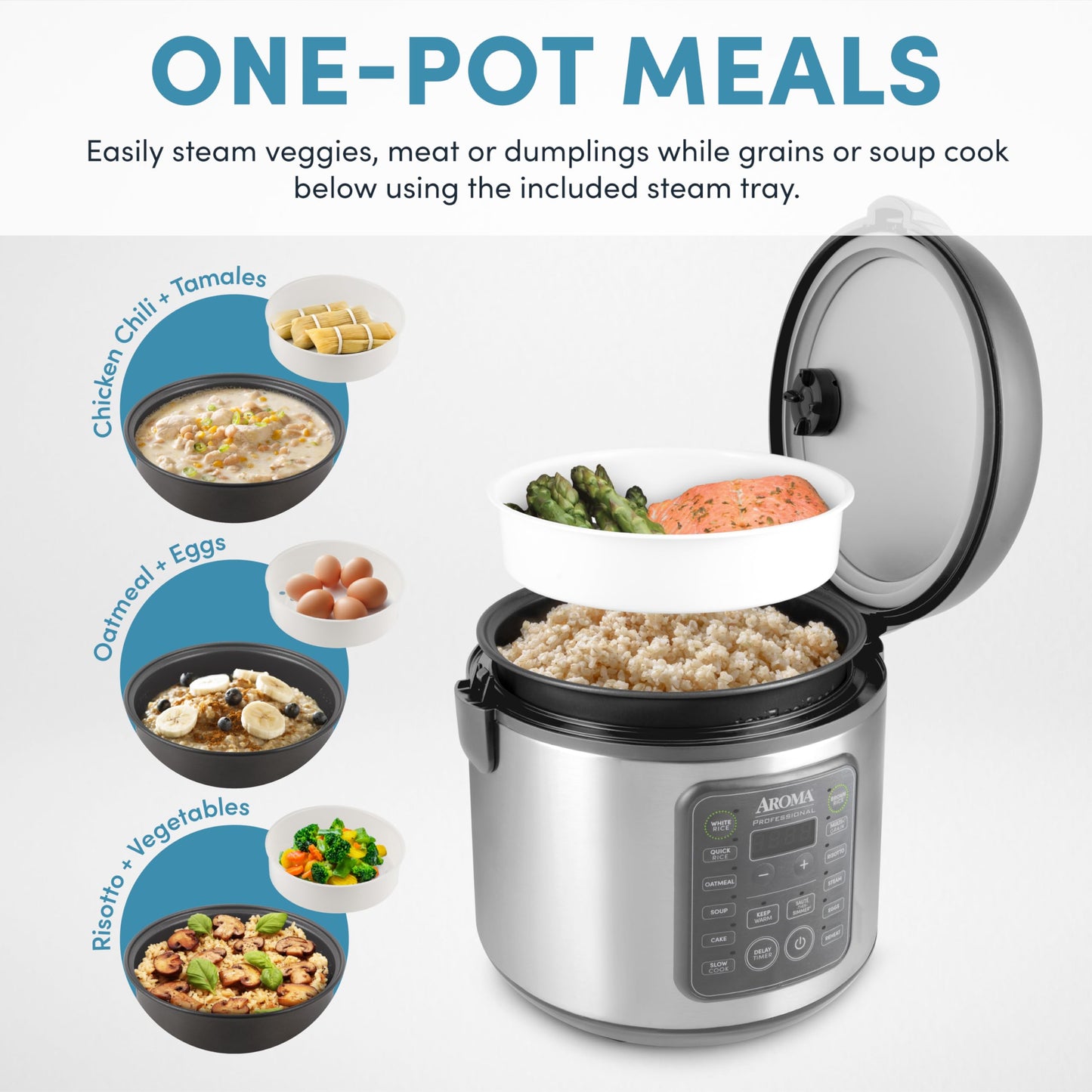 AROMA Professional Digital Rice Cooker, 10-Cup (Uncooked) / 20-Cup (Cooked), Multicooker, Slow Cooker, Steamer, Oatmeal Cooker, Egg Cooker, STS, 5 Qt, Gray, ARC-5200SG