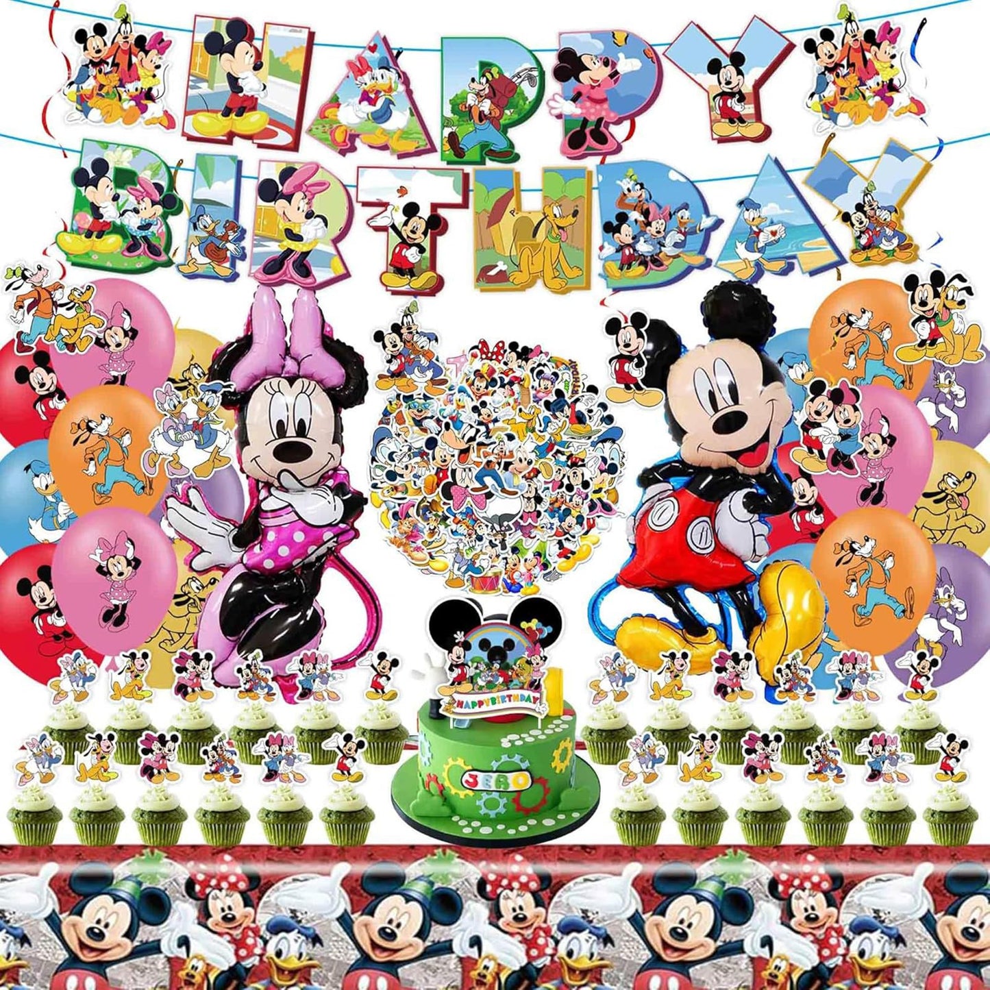 Cartoon Party Supplies, Cute Mouse Birthday Party Decorations Include Happy Birthday Banner, Balloons, Hanging Swirls, Stickers, Cake Toppers, Tablecloth