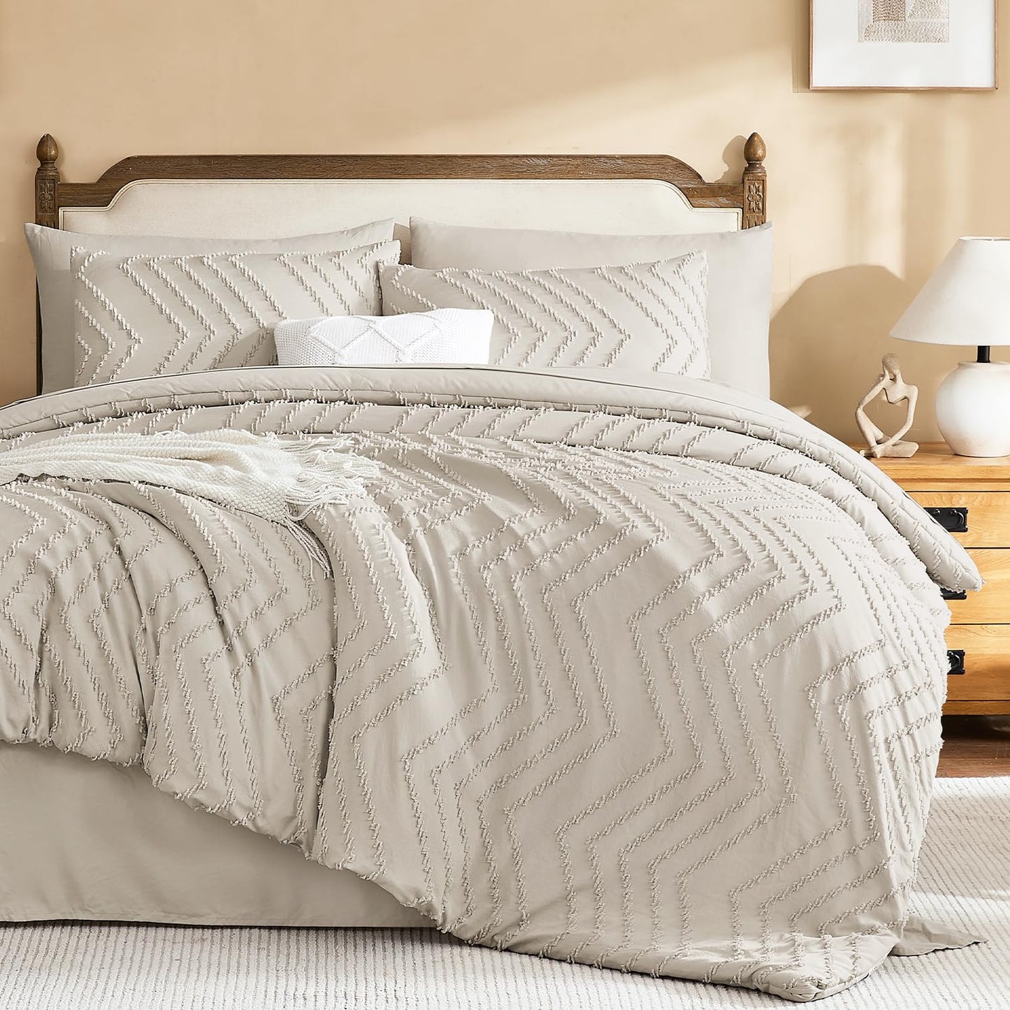 Litanika King Size Comforter Set with Sheets Beige - 7 Pieces Bed in a Bag King Chevron Tufted Boho Luxury Bedding Sets with Comforter, Sheets, Pillowcases & Shams