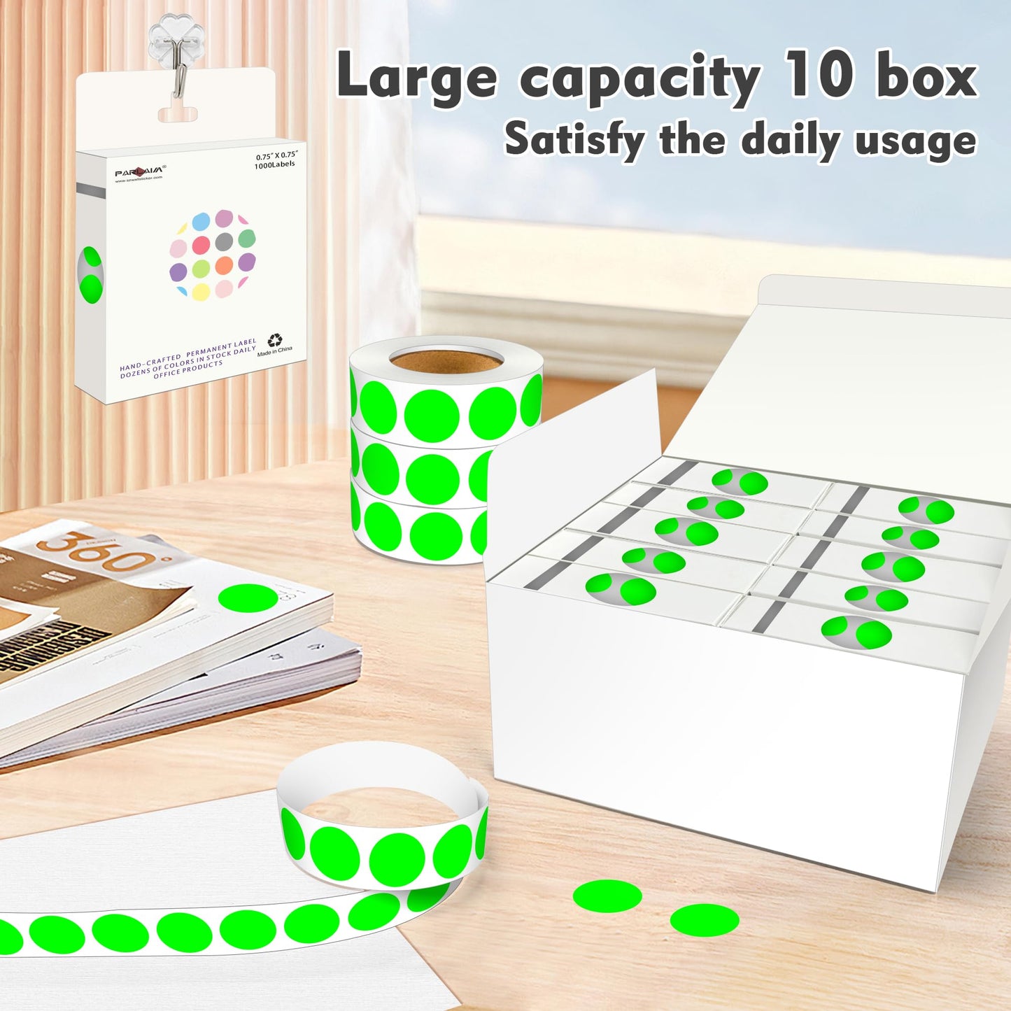 PARLAIM 3/4 Inch Round Permanent Adhesive Color-Code Dot Stickers,10000 Stickers Roll dots Label Dispenser Box Green Circle Stickers Labels 10Rolls (Fluorescent Green)