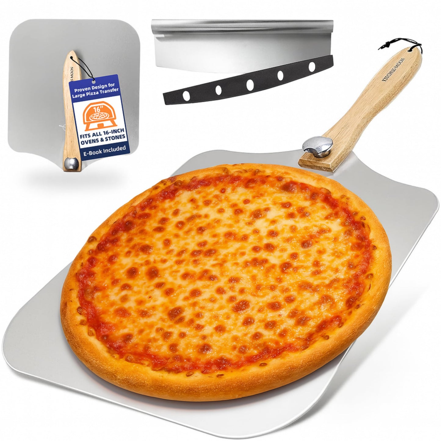 KITCHUS MOON Large Pizza Peel 16 inch - Extra Large Metal Pizza Peel with 14 inch Stainless Steel Pizza Cutter Rocker, Pizza Paddle with Folding Handle (13"x16" with 14" Cutter)