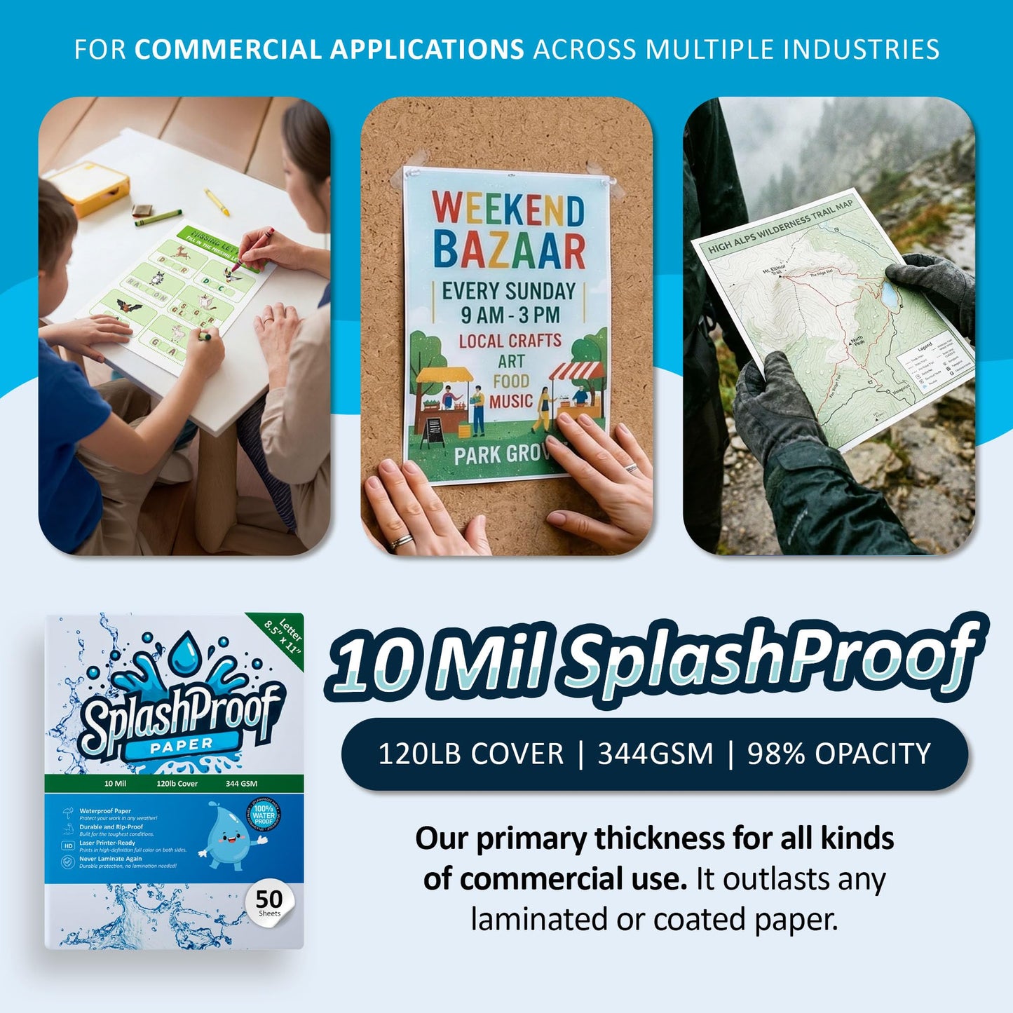 SplashProof Printer Paper - 8.5" x 11", 10 Mil Waterproof Paper, Laser Printer & Copy Machine Compatible (50 Sheets)