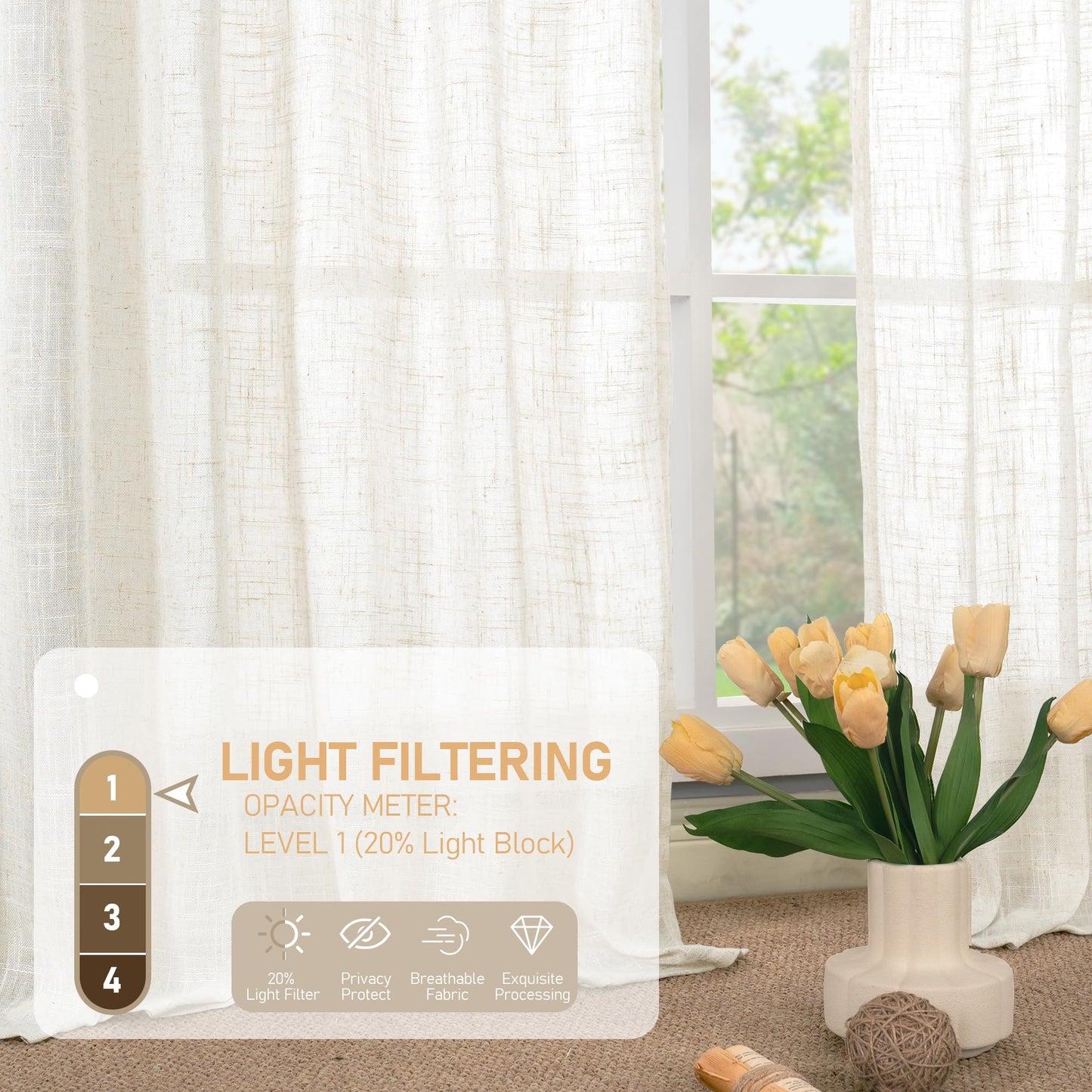 LAMIT Cream Linen Curtains 84 inch Length 2 Panels, Light Filtering Semi Sheer Panels Back Tab and Rod Pocket Neutral Boho Drapes for Living Room/Bedroom, 52 x 84 Inch