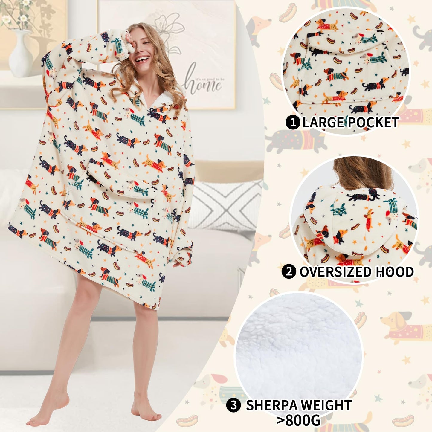 Mewkou Wearable Blanket Hoodie for Adult,Oversized Sherpa Fleece Blanket Hoodie for Women Men,Dachshund
